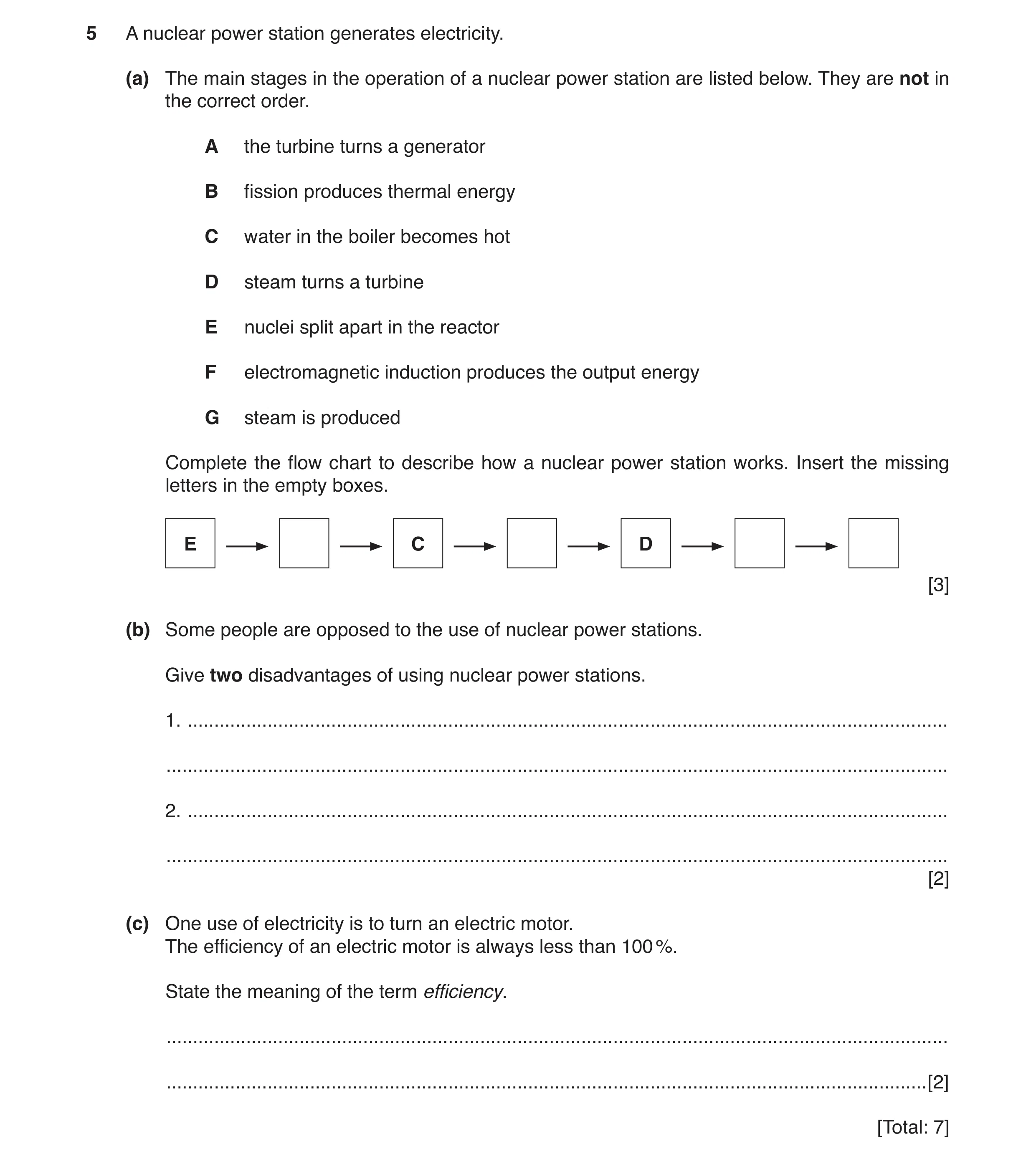Question 71: A nuclear power station generates electricity. (a) The main stages in the operation of a nuclear power station are listed below. They are n…