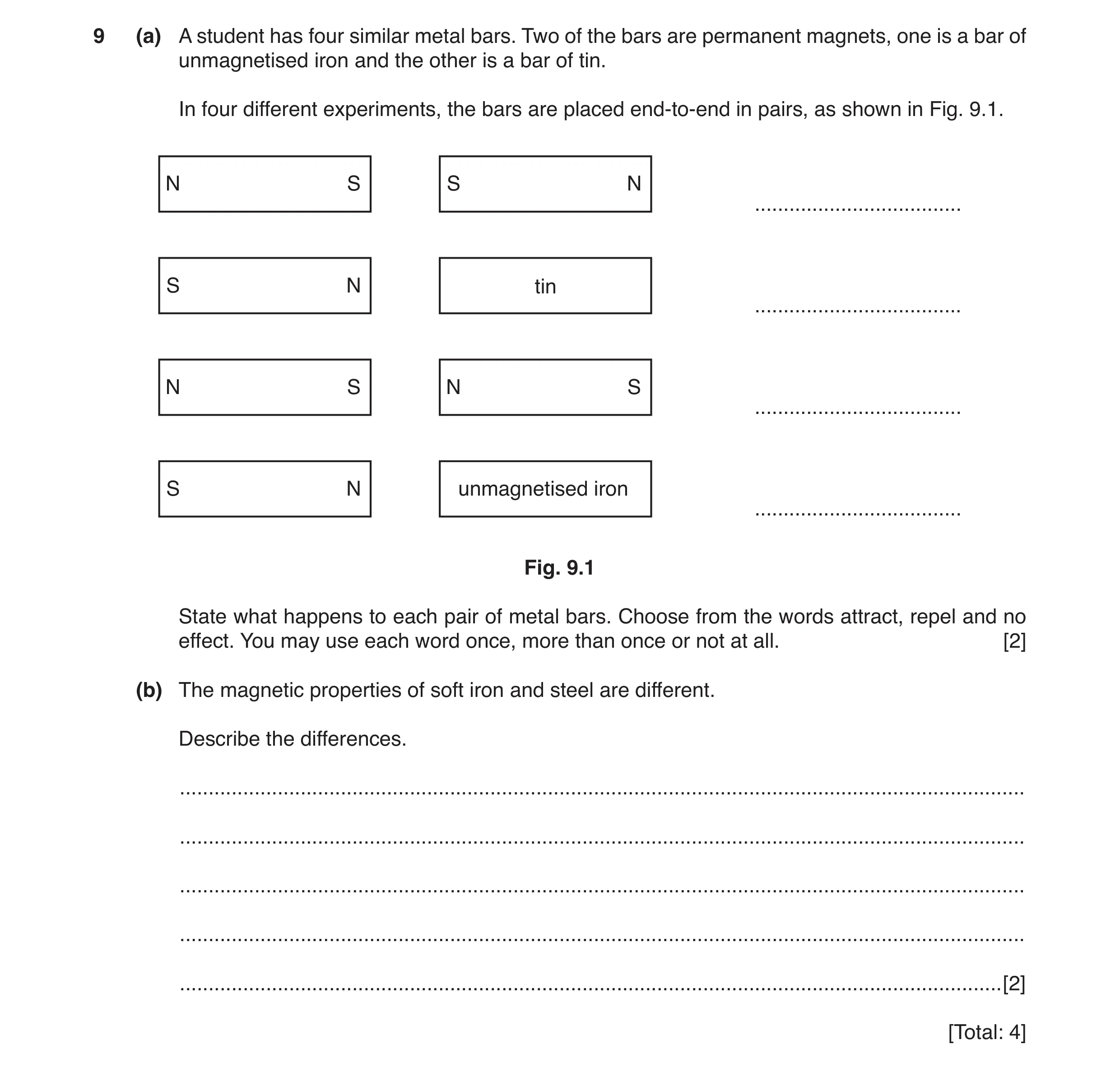 Question 3: (a) A student has four similar metal bars. Two of the bars are permanent magnets, one is a bar of unmagnetised iron and the other is a bar …