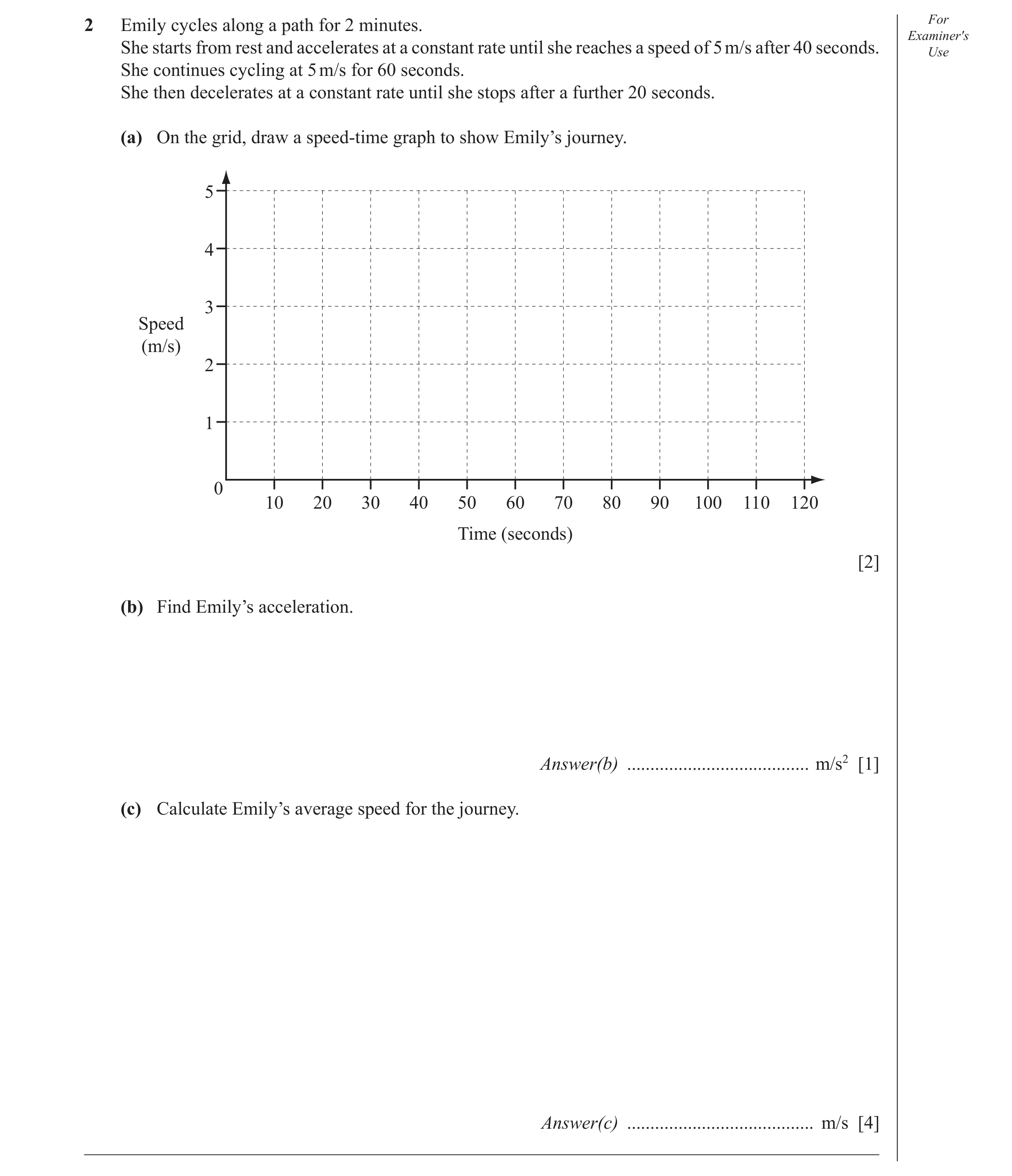 Question 4: Emily cycles along a path for 2 minutes. For Examiner′s She starts from rest and accelerates at a constant rate until she reaches a speed o…