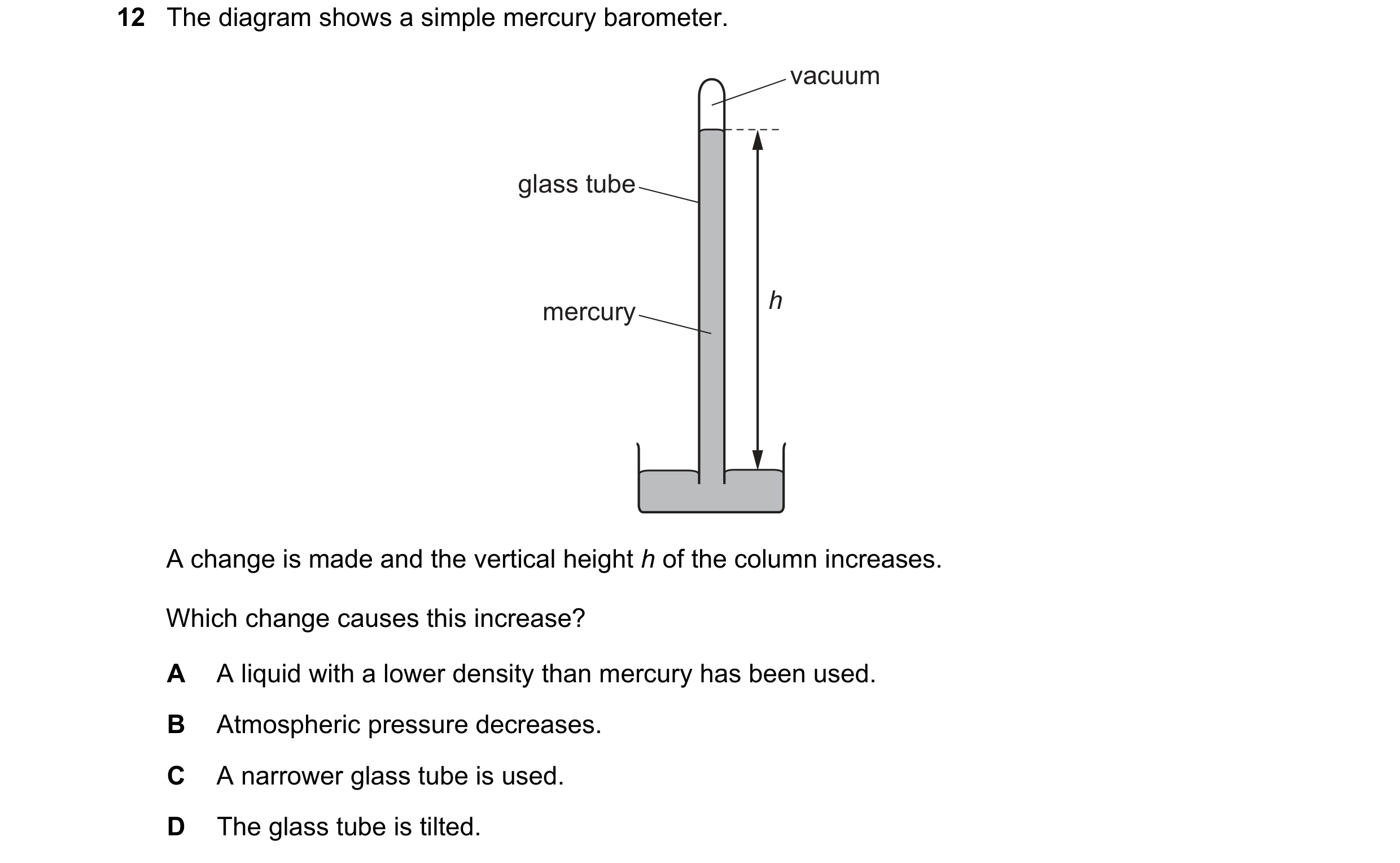 Question 152: The diagram shows a simple mercury barometer. vacuum glass tube h mercury A change is made and the vertical height h of the column increase…