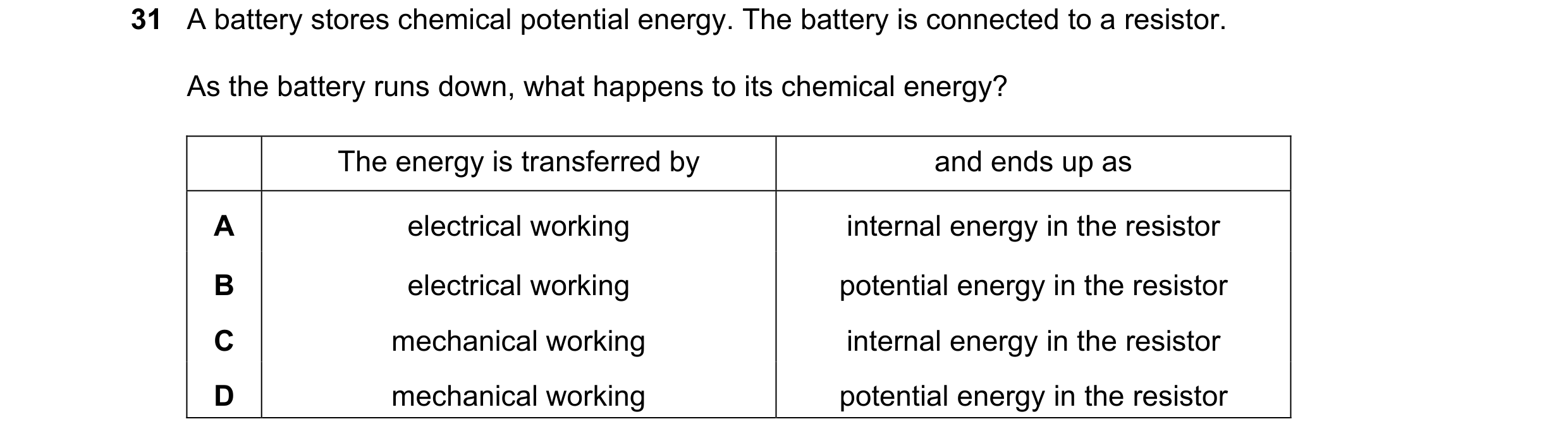 Question 162: A battery stores chemical potential energy. The battery is connected to a resistor. As the battery runs down, what happens to its chemical …