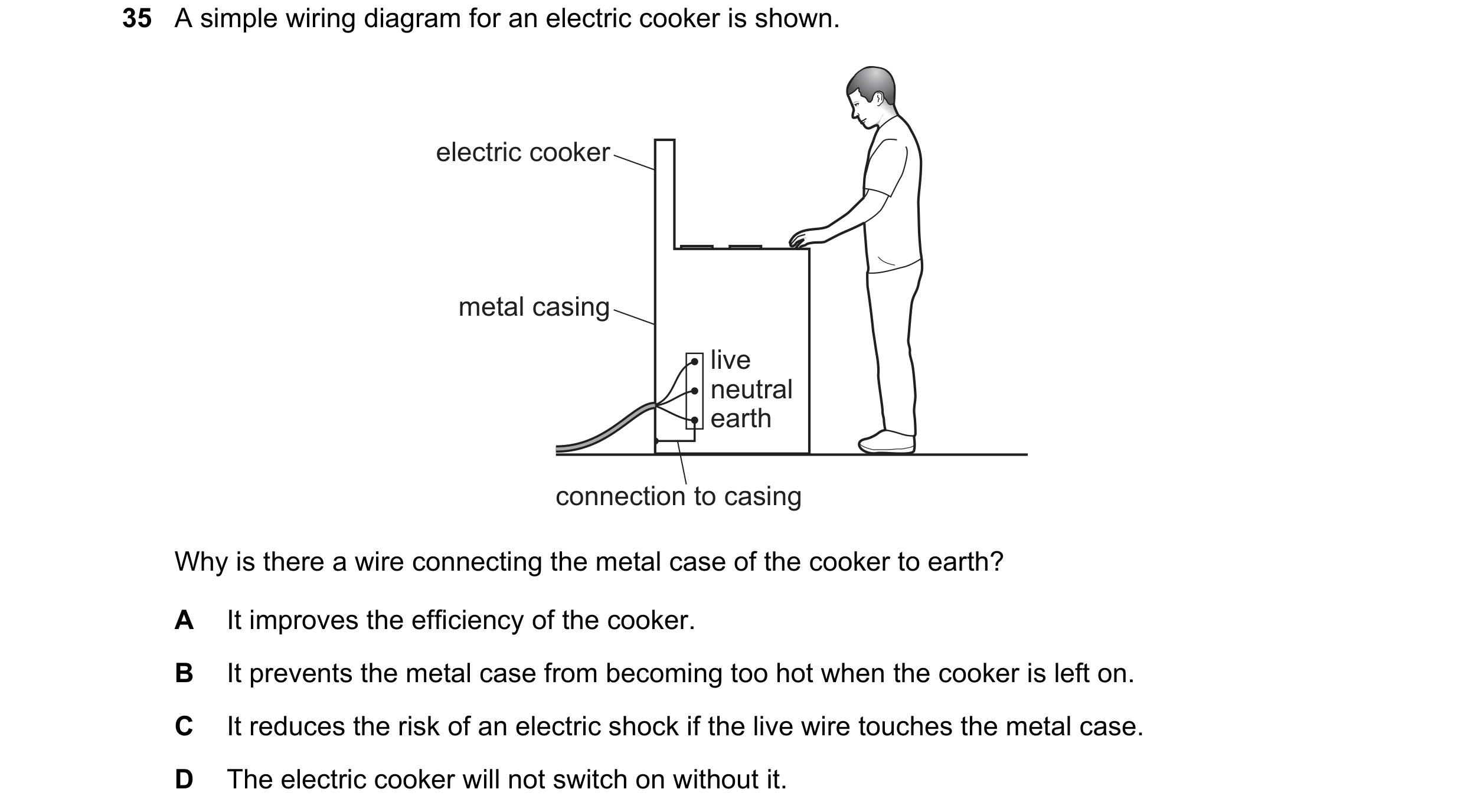Question 81: A simple wiring diagram for an electric cooker is shown. electric cooker metal casing live neutral earth connection to casing Why is there …