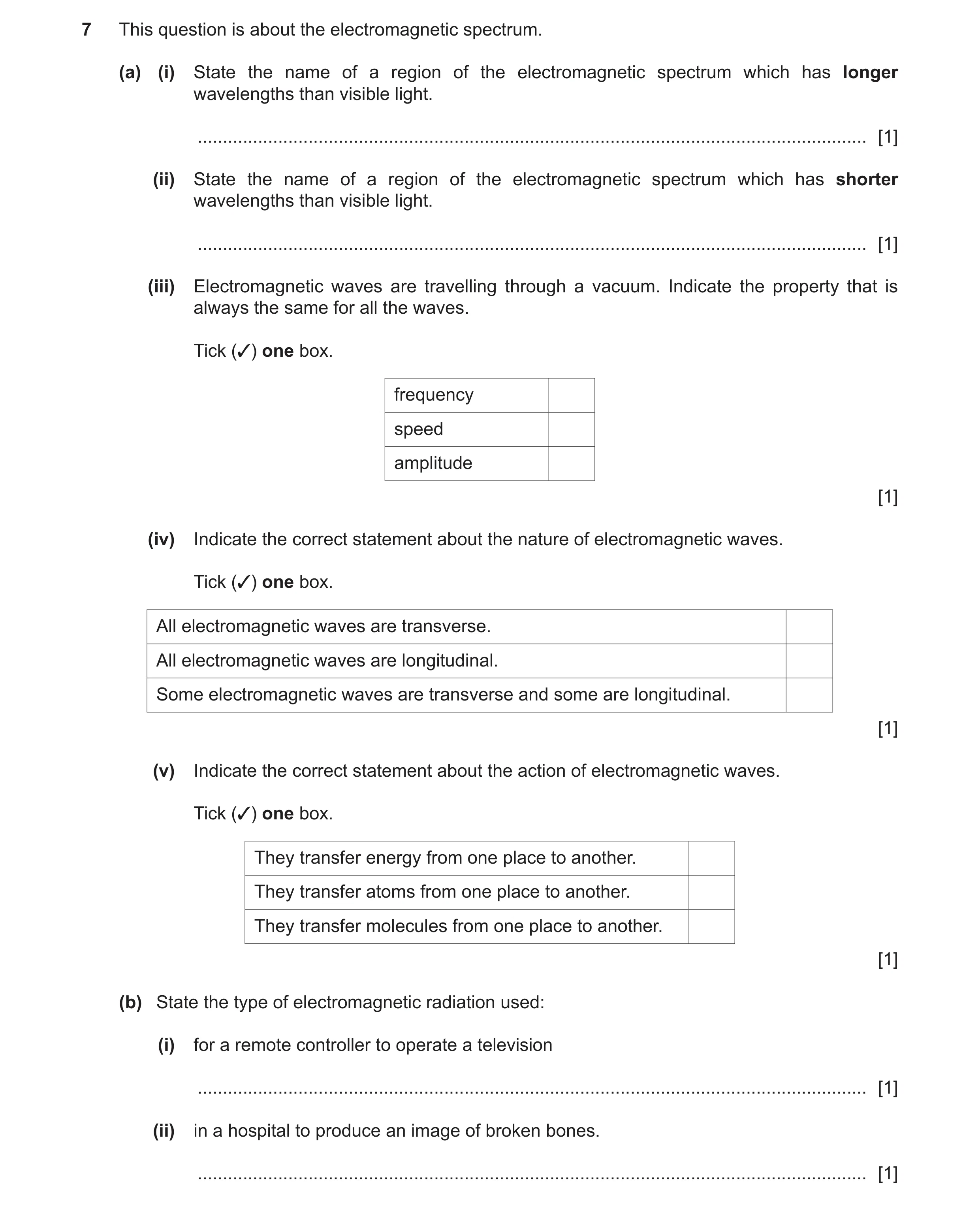 Question 20: This question is about the electromagnetic spectrum. (a) (i) State the name of a region of the electromagnetic spectrum which has longer wa…