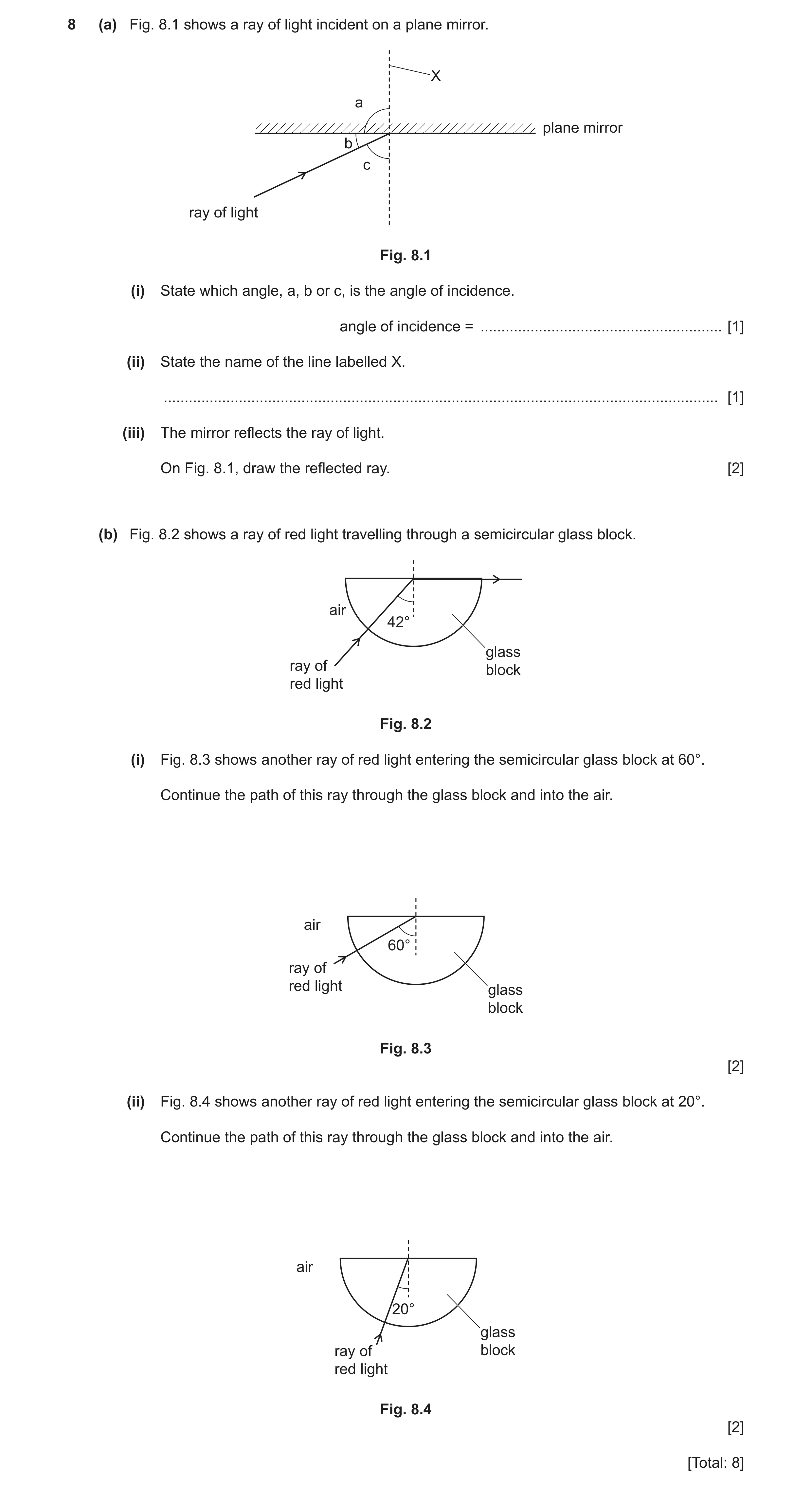 Question 28: (a) Fig. 8.1 shows a ray of light incident on a plane mirror. X a plane mirror b c ray of light Fig. 8.1 (i) State which angle, a, b or c, …