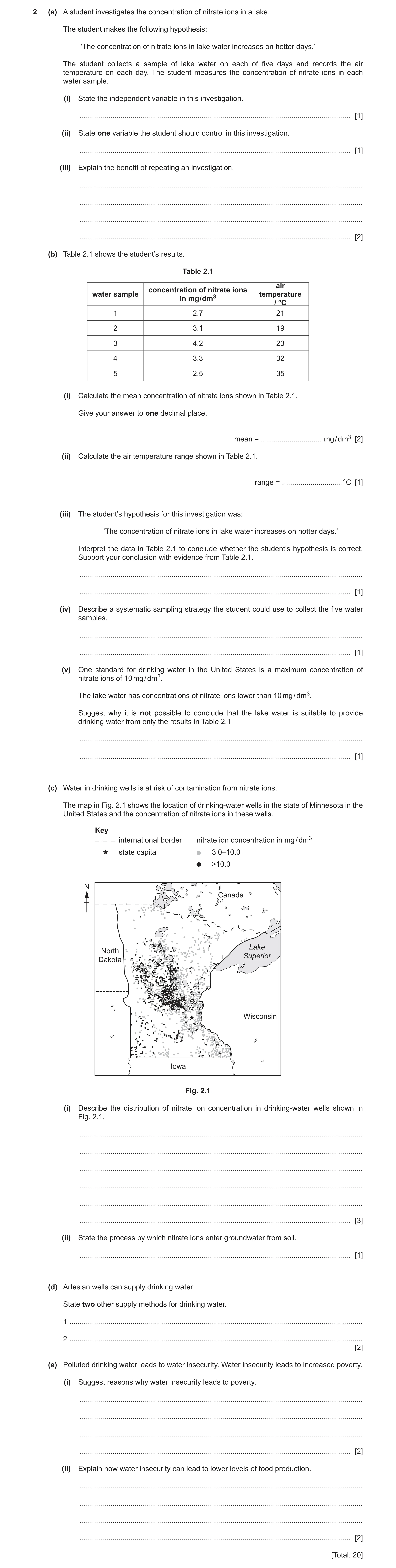 Question 4: (a) A student investigates the concentration of nitrate ions in a lake. The student makes the following hypothesis: ‘The concentration of n…
