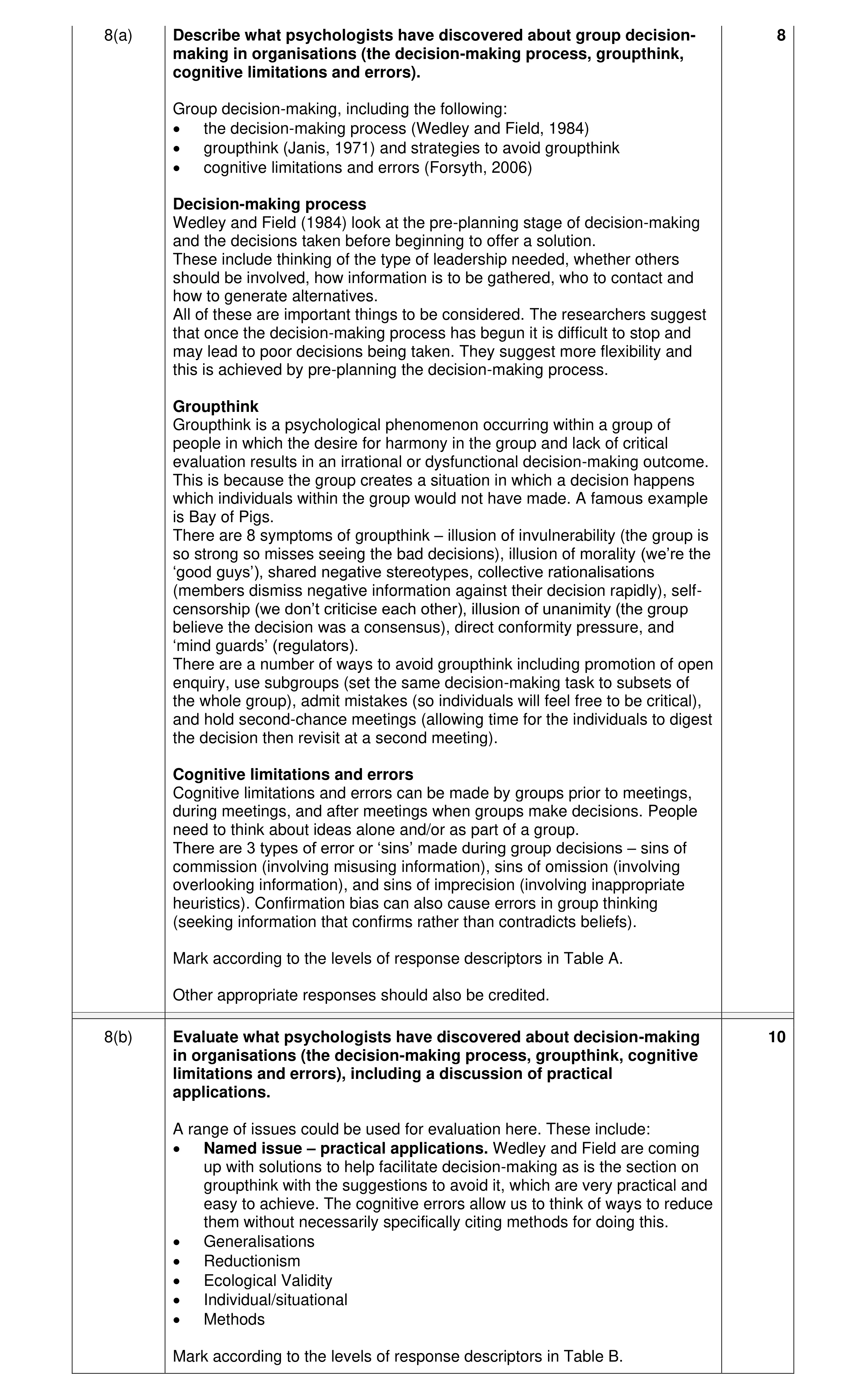 Mark scheme for question 10