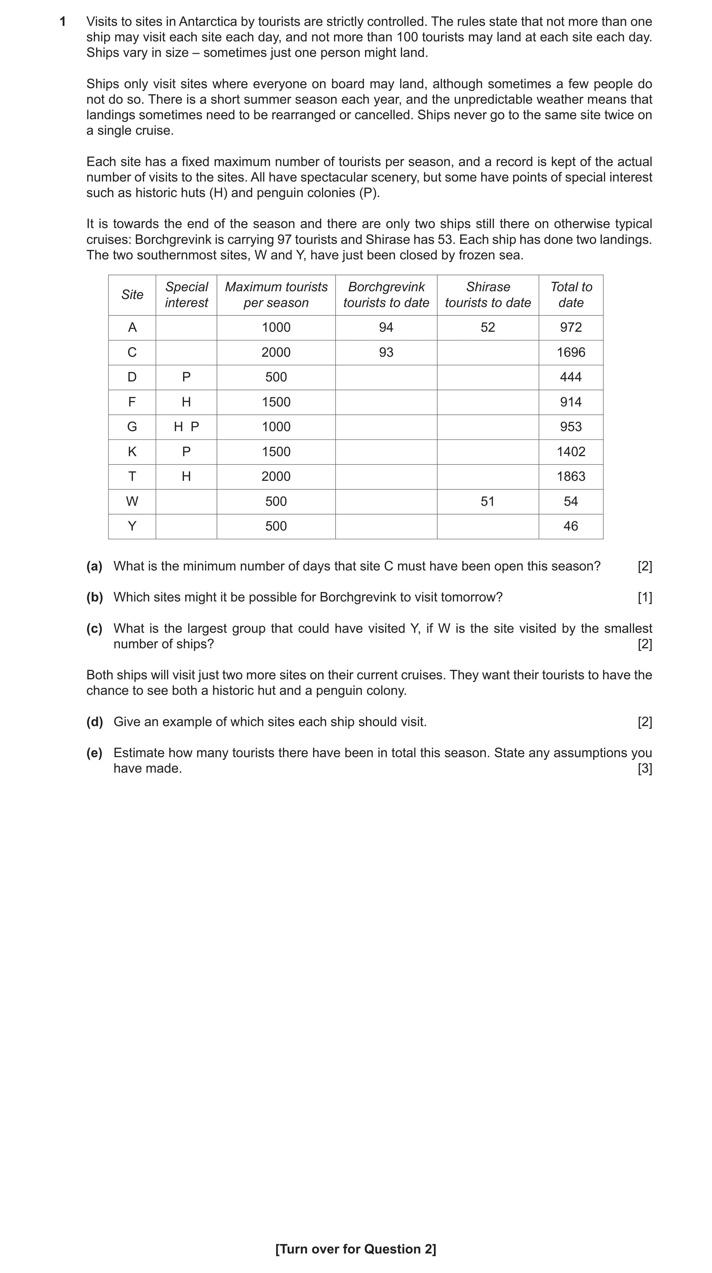 Question 65: Visits to sites in Antarctica by tourists are strictly controlled. The rules state that not more than one ship may visit each site each day…