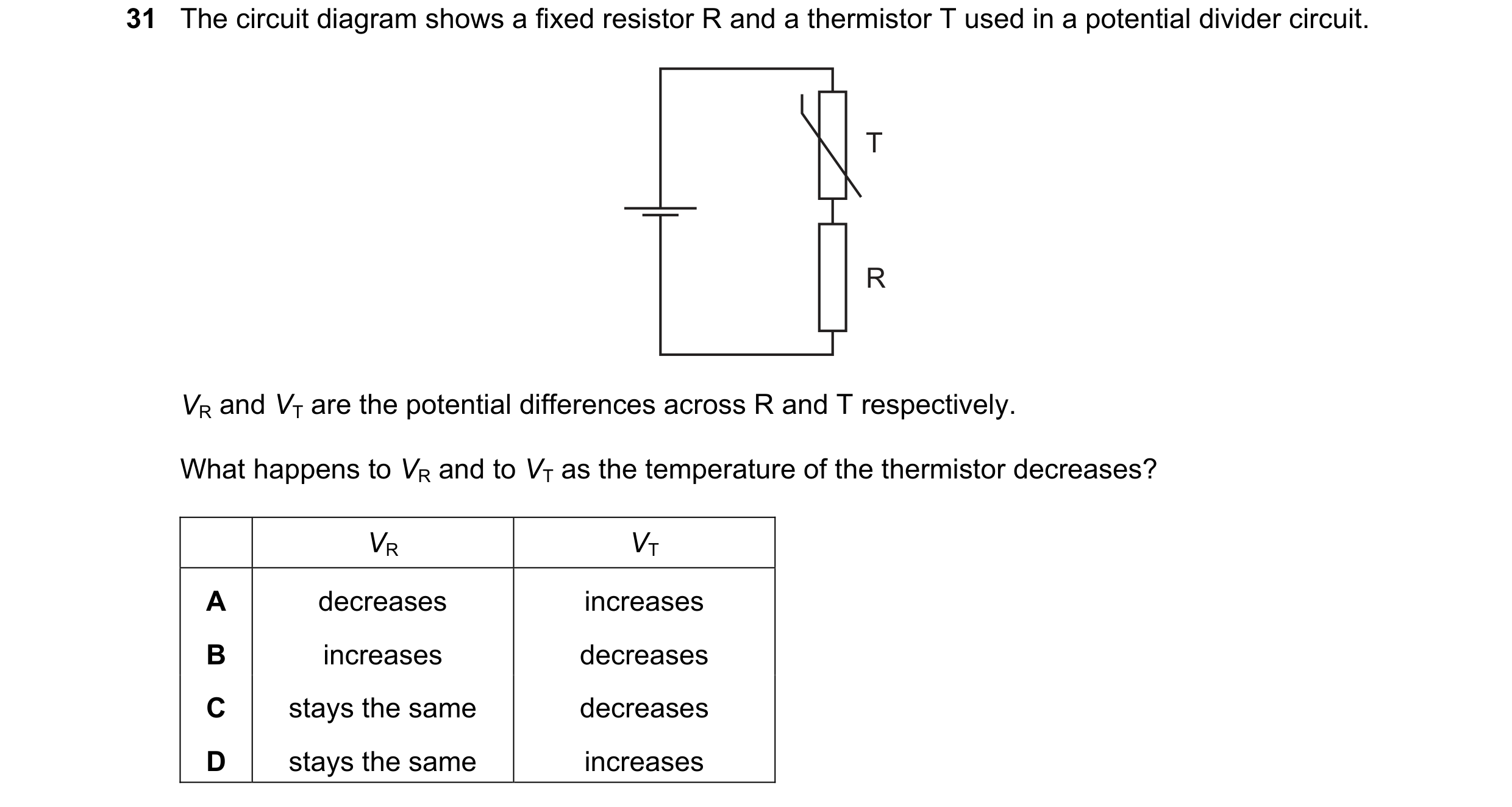 Question 80: The circuit diagram shows a fixed resistor R and a thermistor T used in a potential divider circuit. T R VR and VT are the potential differ…