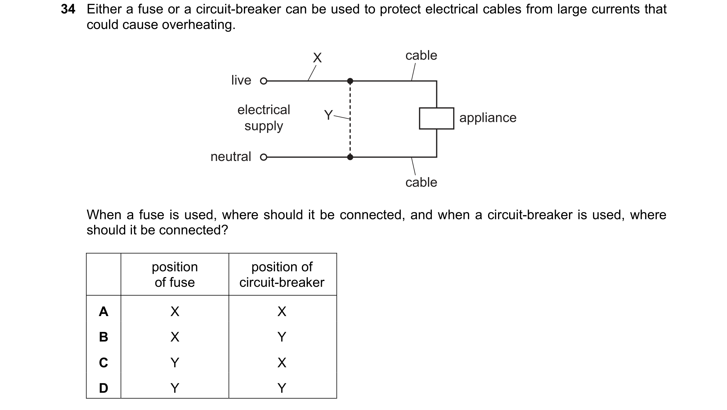 Question 9: Either a fuse or a circuit-breaker can be used to protect electrical cables from large currents that could cause overheating. X cable live …