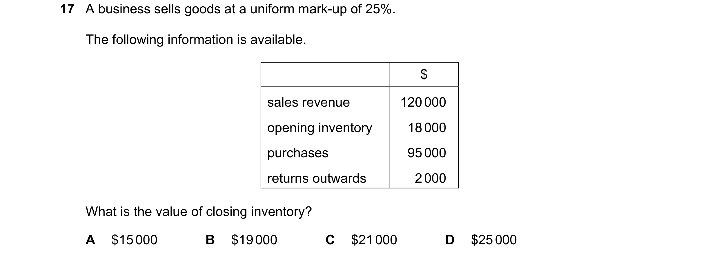 Question 654: A business sells goods at a uniform mark-up of 25%. The following information is available. $ sales revenue 120 000 opening inventory 18 00…