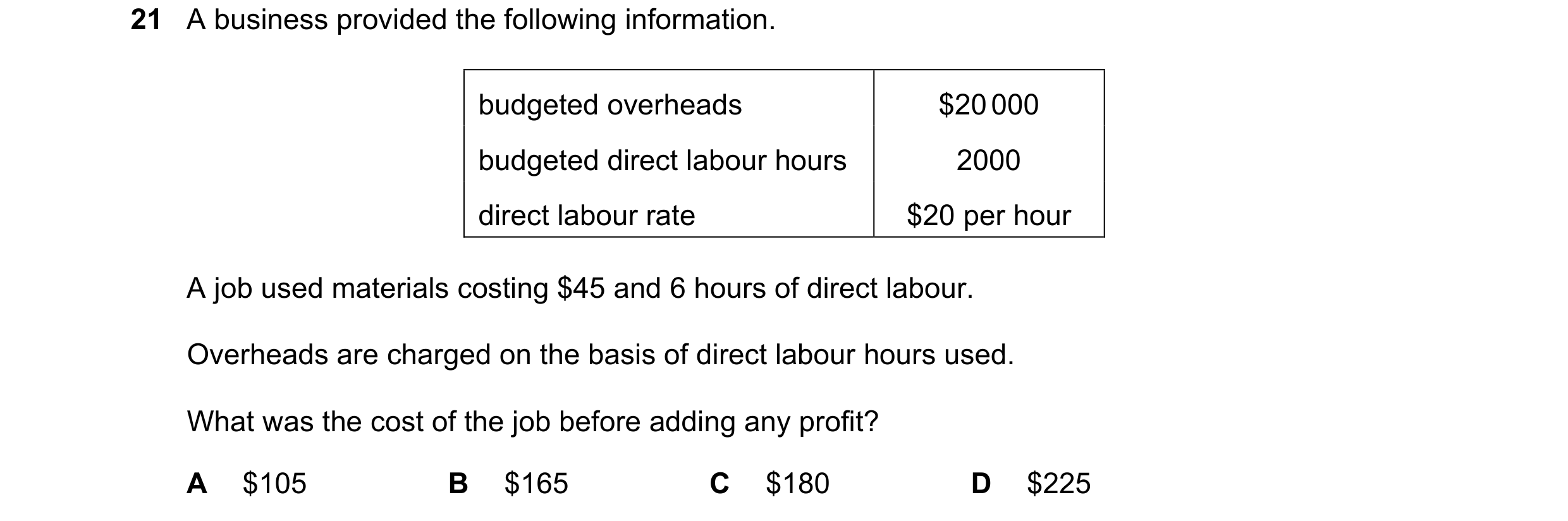 Question 375: A business provided the following information. budgeted overheads $20 000 budgeted direct labour hours 2000 direct labour rate $20 per hour…