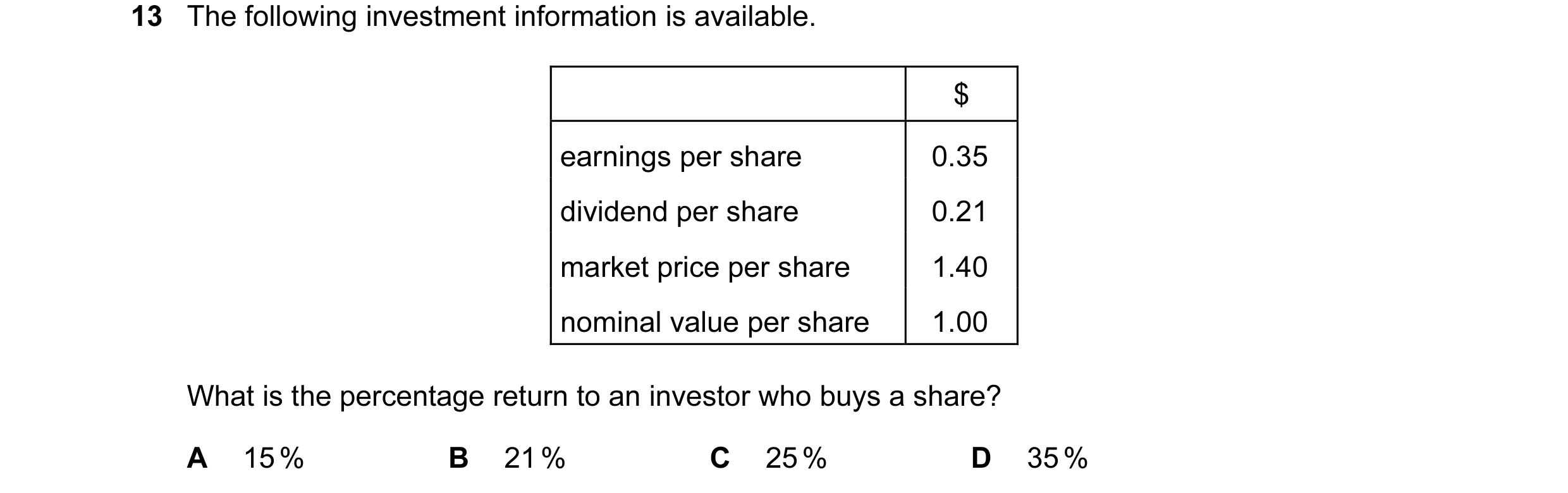 Question 13: The following investment information is available. $ earnings per share 0.35 dividend per share 0.21 market price per share 1.40 nominal va…