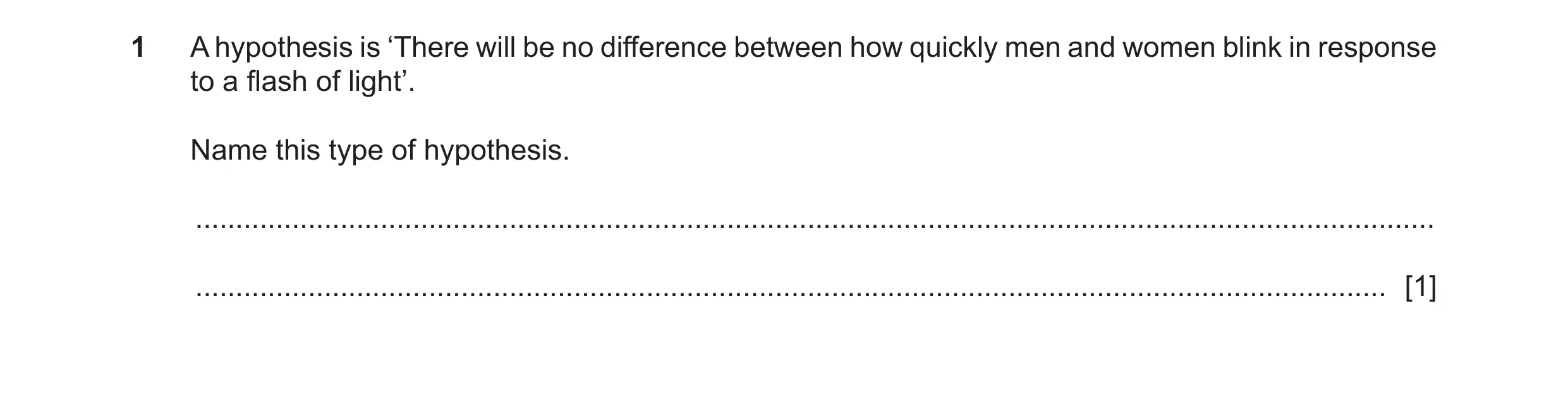 Question 313: A hypothesis is ‘There will be no difference between how quickly men and women blink in response to a flash of light’. Name this type of hy…