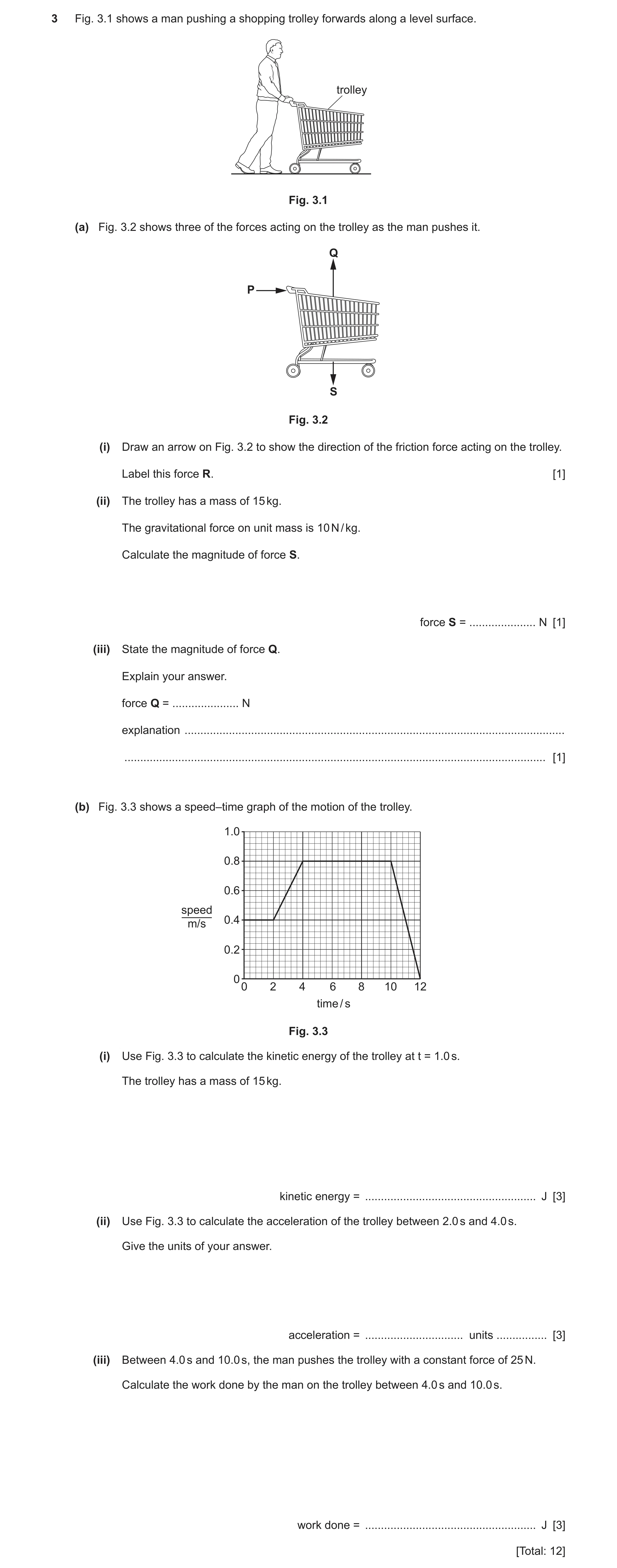 Question 26: Fig. 3.1 shows a man pushing a shopping trolley forwards along a level surface. trolley Fig. 3.1 (a) Fig. 3.2 shows three of the forces act…