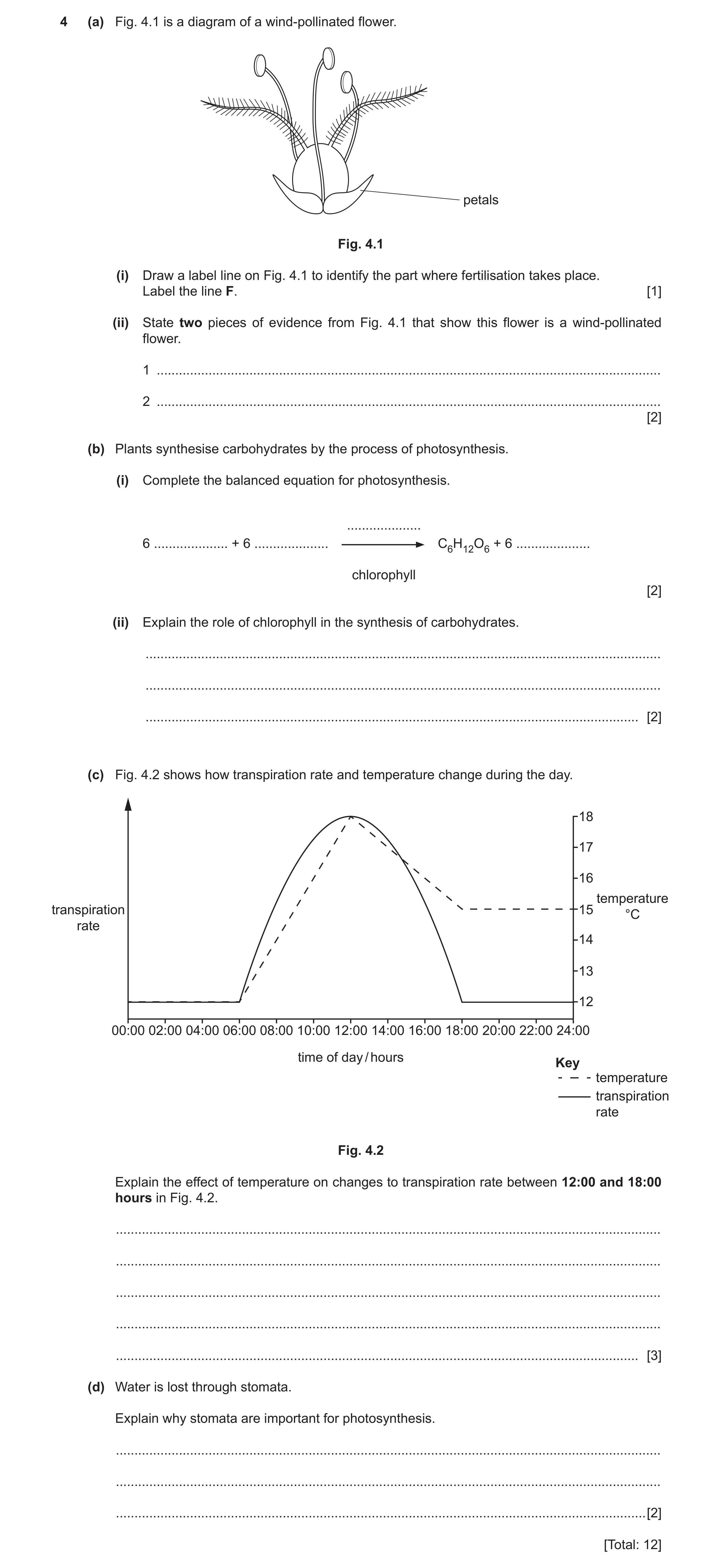 Question 9: (a) Fig. 4.1 is a diagram of a wind-pollinated flower. petals Fig. 4.1 (i) Draw a label line on Fig. 4.1 to identify the part where fertili…