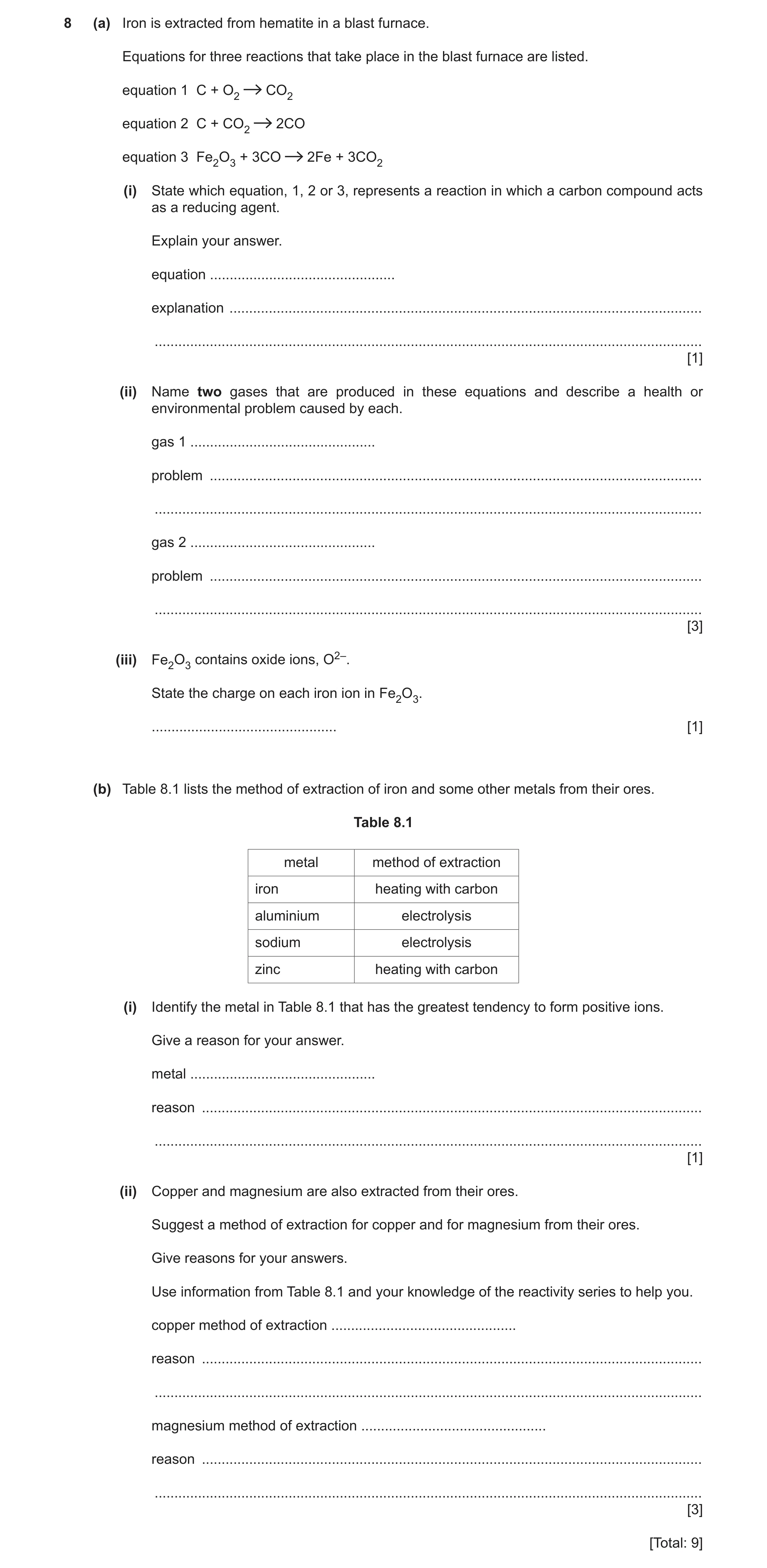 Question 12: (a) Iron is extracted from hematite in a blast furnace. Equations for three reactions that take place in the blast furnace are listed. equa…