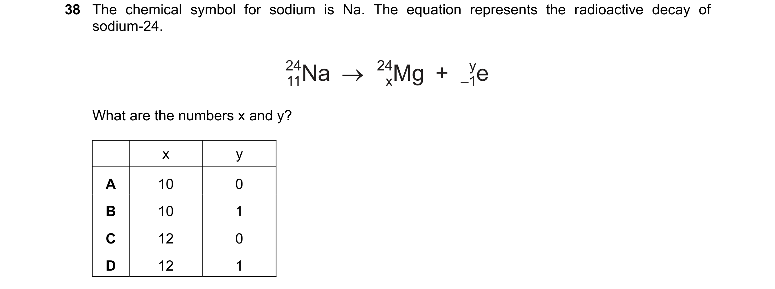 Question 6: The chemical symbol for sodium is Na. The equation represents the radioactive decay of sodium-24. 24Na → 24Mg + ye 11 x –1 What are the num…