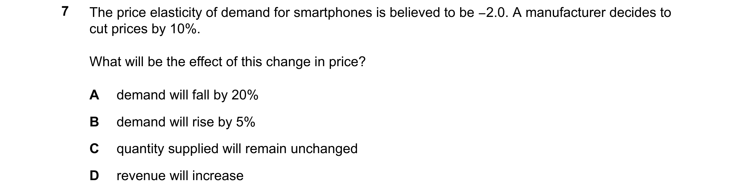 Question 77: The price elasticity of demand for smartphones is believed to be −2.0. A manufacturer decides to cut prices by 10%. What will be the effect…