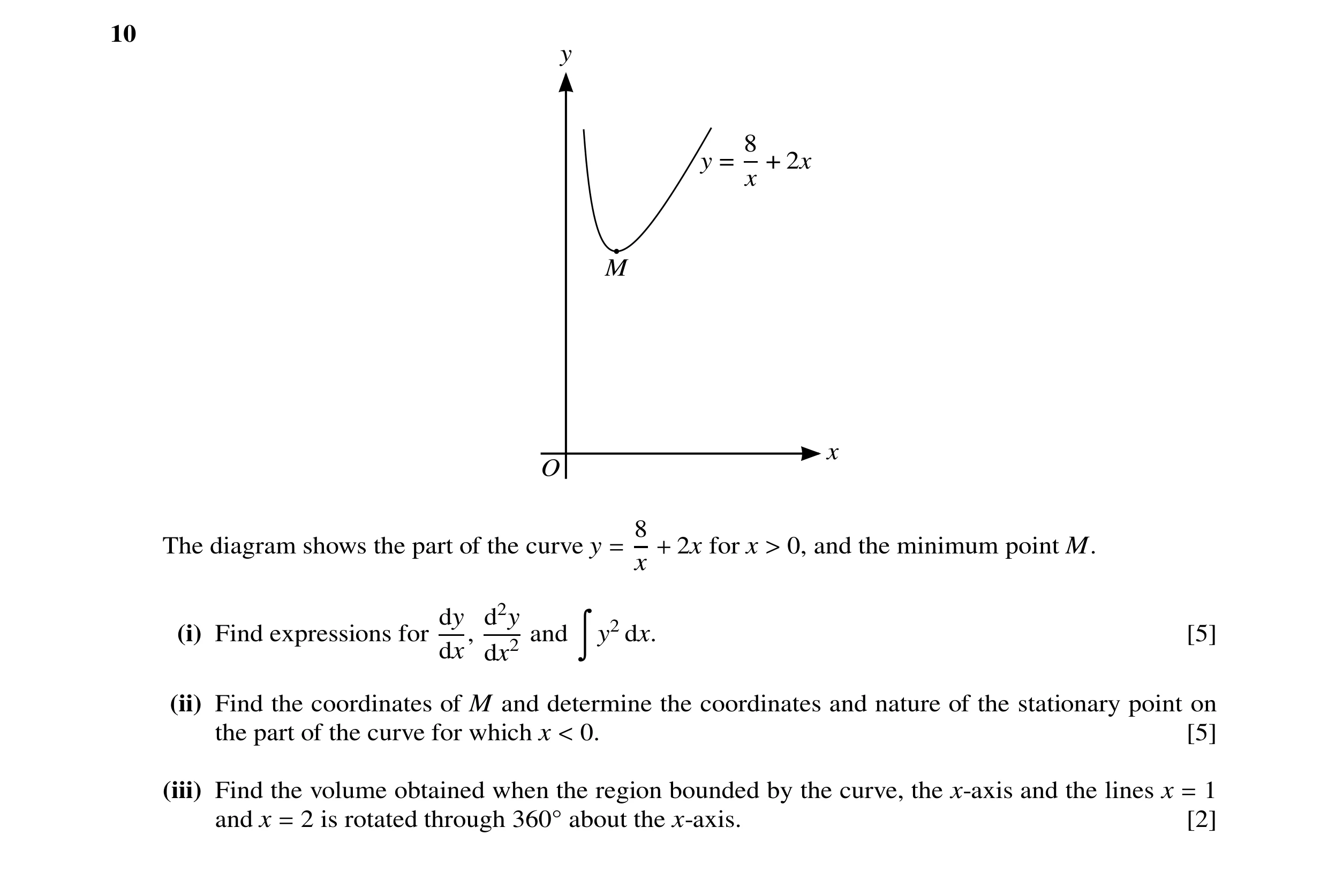 Question 39: y 8 y = + 2x x M x O 8 The diagram shows the part of the curve y 2x for x 0, and the minimum point M. = x + > dy d2y (i) Find expressions f…