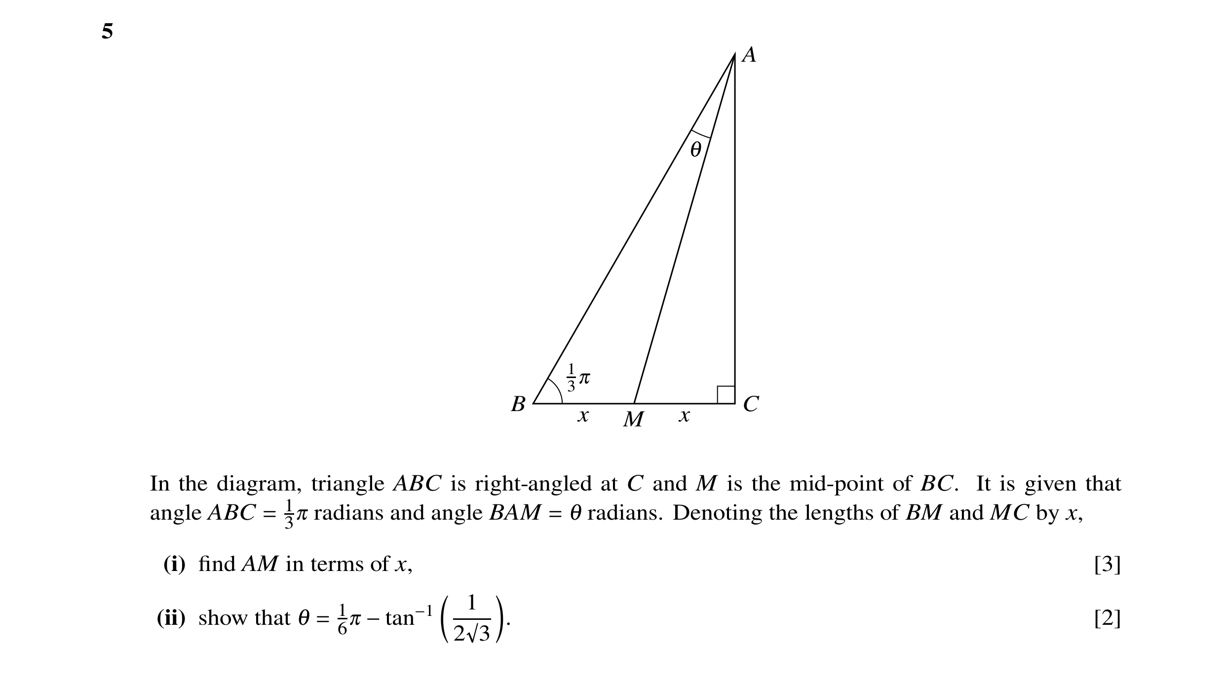 Question 39: A 1 130 B C x M x In the diagram, triangle ABC is right-angled at C and M is the mid-point of BC. It is given that angle ABC 1 radians and …