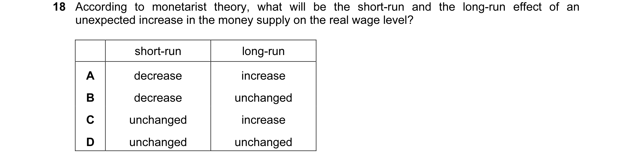 Question 14: According to monetarist theory, what will be the short-run and the long-run effect of an unexpected increase in the money supply on the rea…