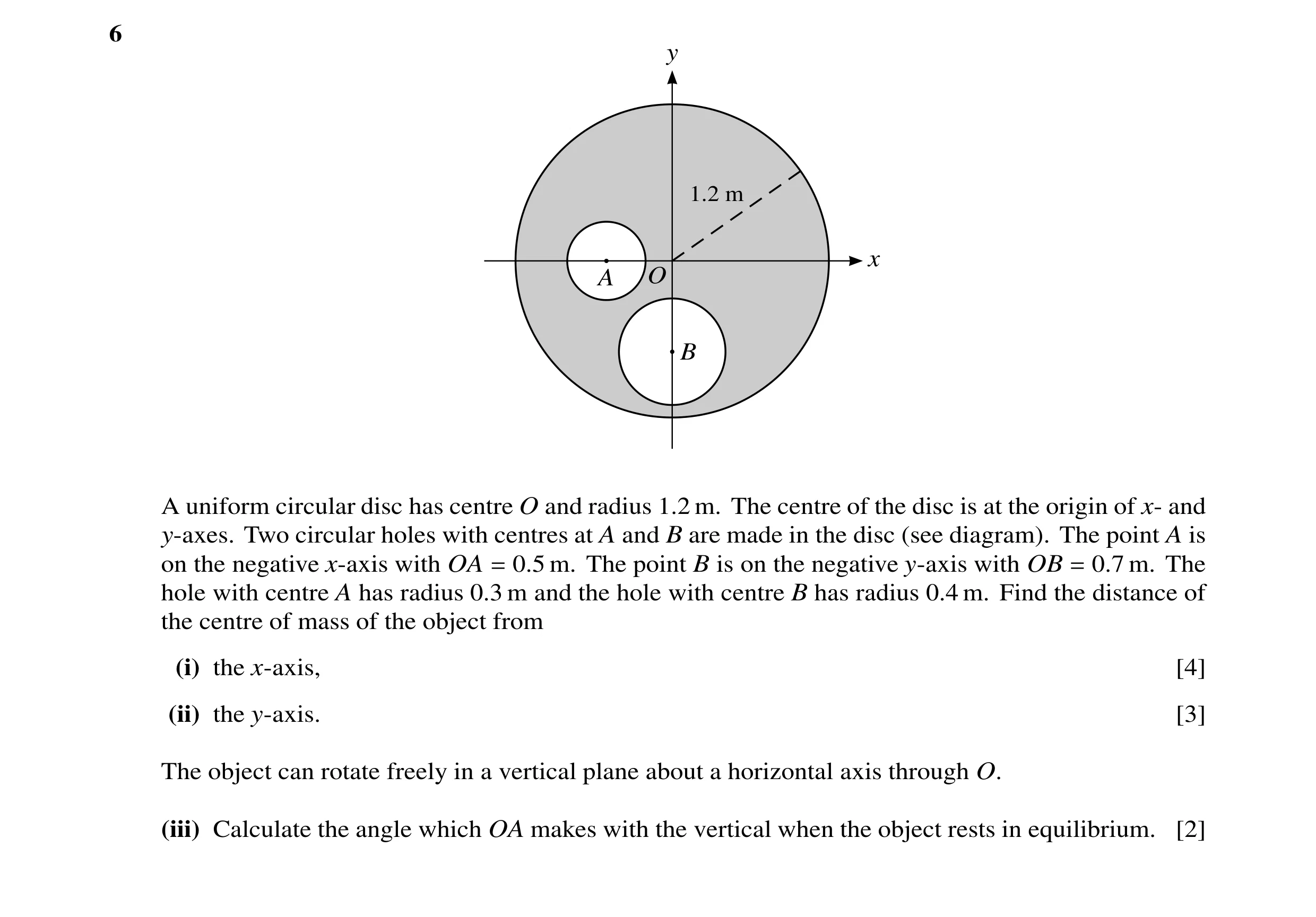 Question 47: y 1.2 m x A O B A uniform circular disc has centre O and radius 1.2 m. The centre of the disc is at the origin of x- and y-axes. Two circul…