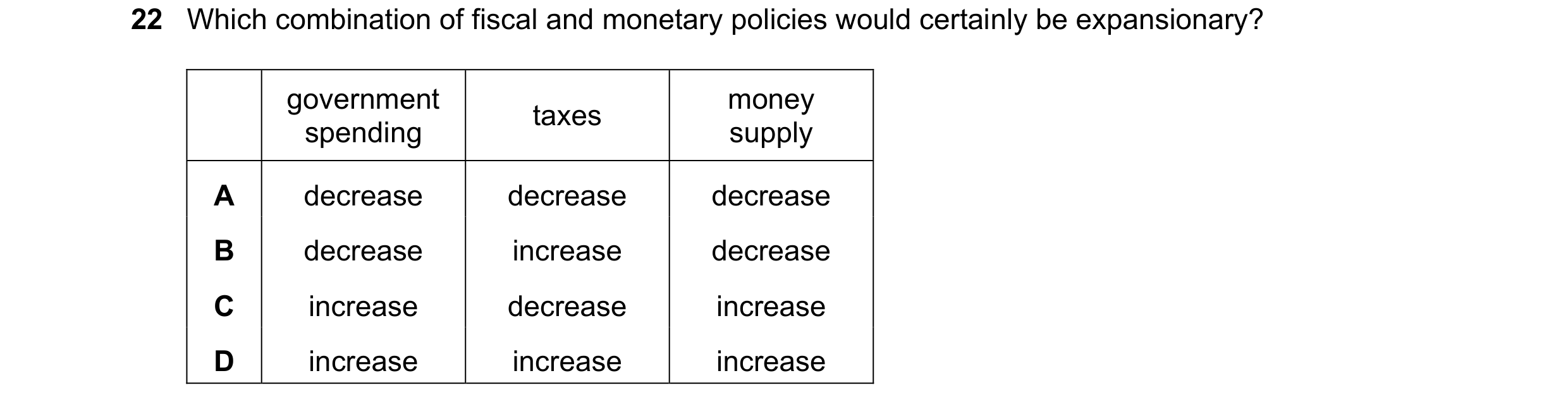 Question 94: Which combination of fiscal and monetary policies would certainly be expansionary? government money taxes spending supply A decrease decrea…