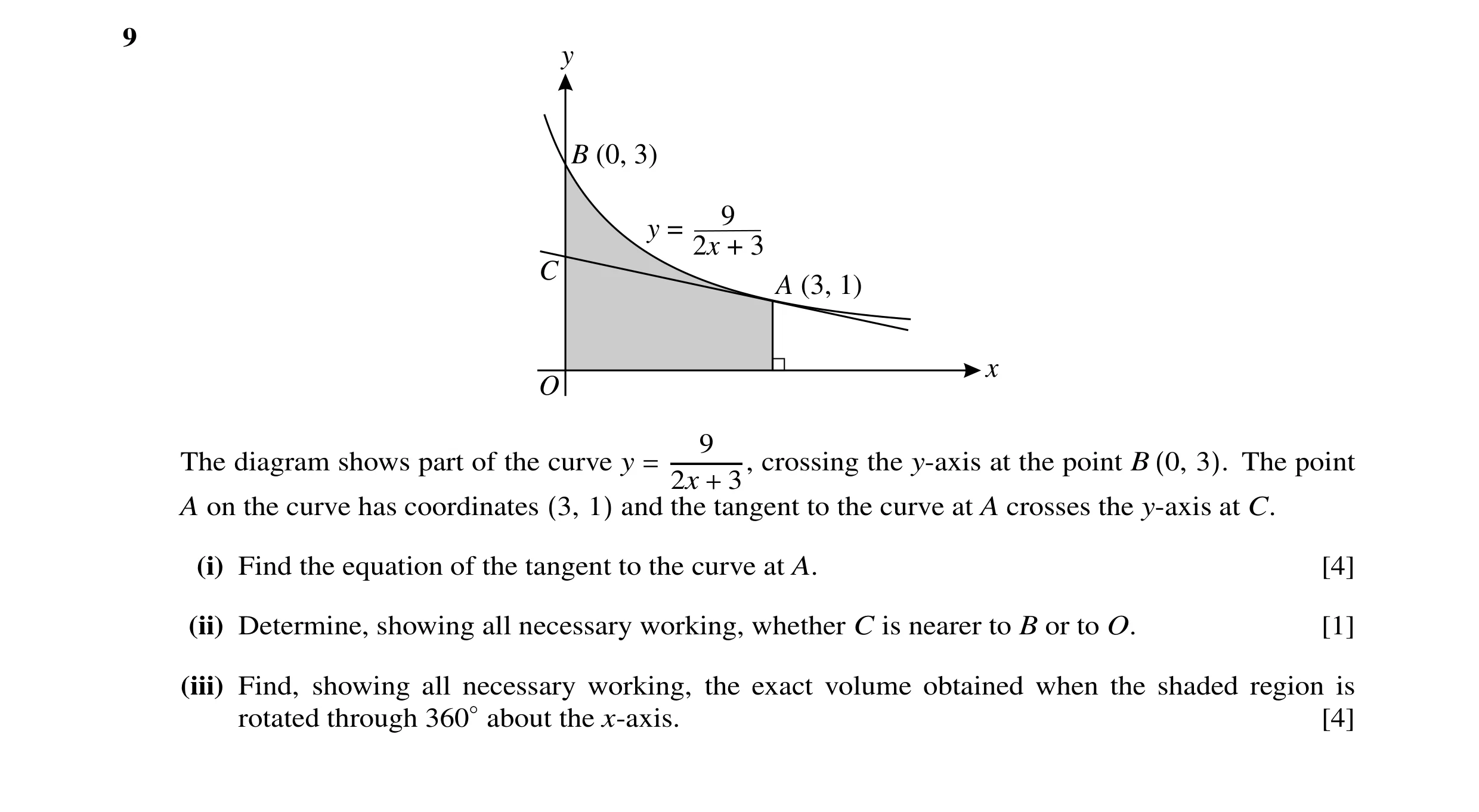 Question 25: y B (0, 3) 9 y = 2 x + 3 C A (3, 1) x O 9 The diagram shows part of the curve y = crossing the y-axis at the point B (0, 3). The point 2x +…