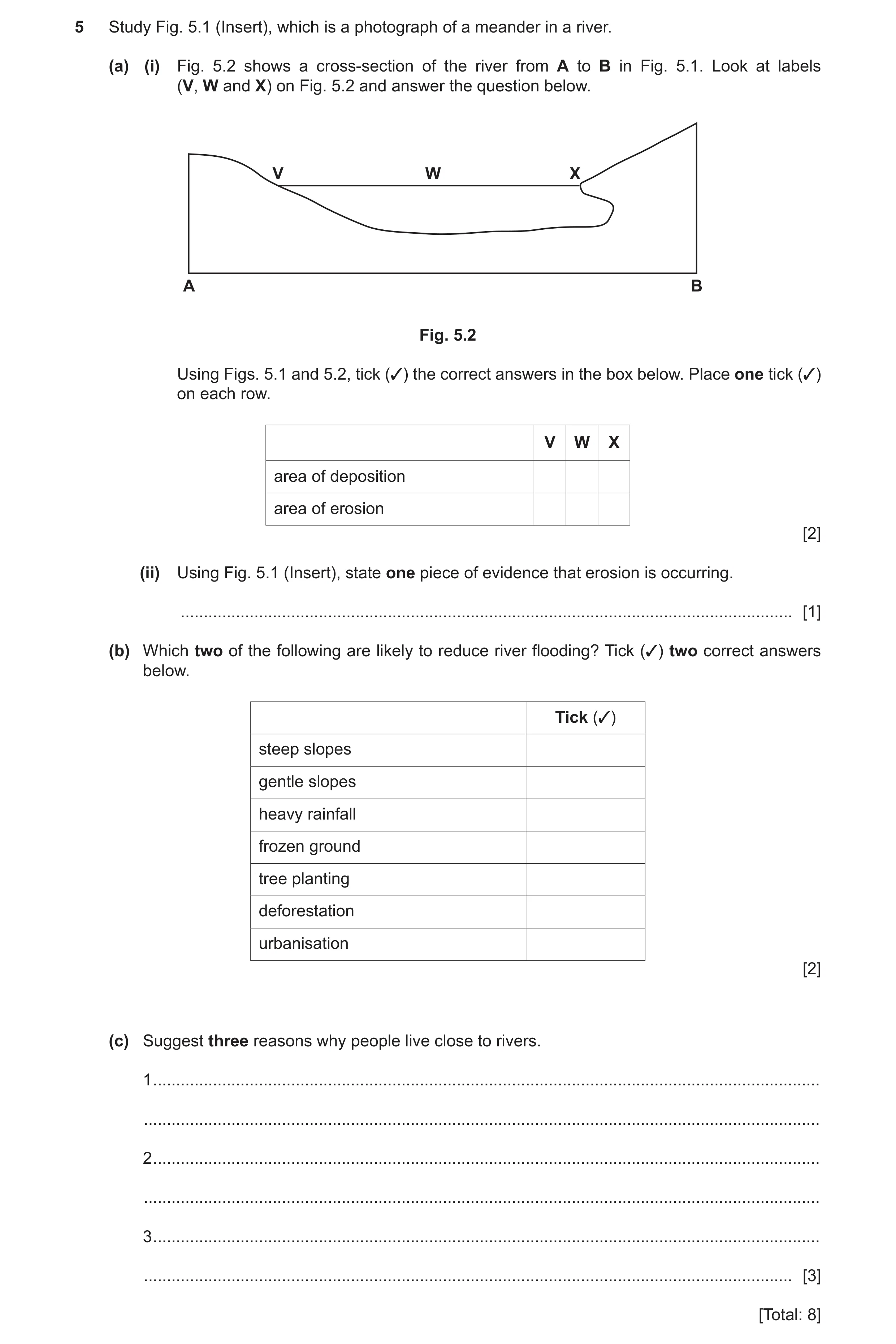 Question 35: Study Fig. 5.1 (Insert), which is a photograph of a meander in a river. (a) (i) Fig. 5.2 shows a cross-section of the river from A to B in …
