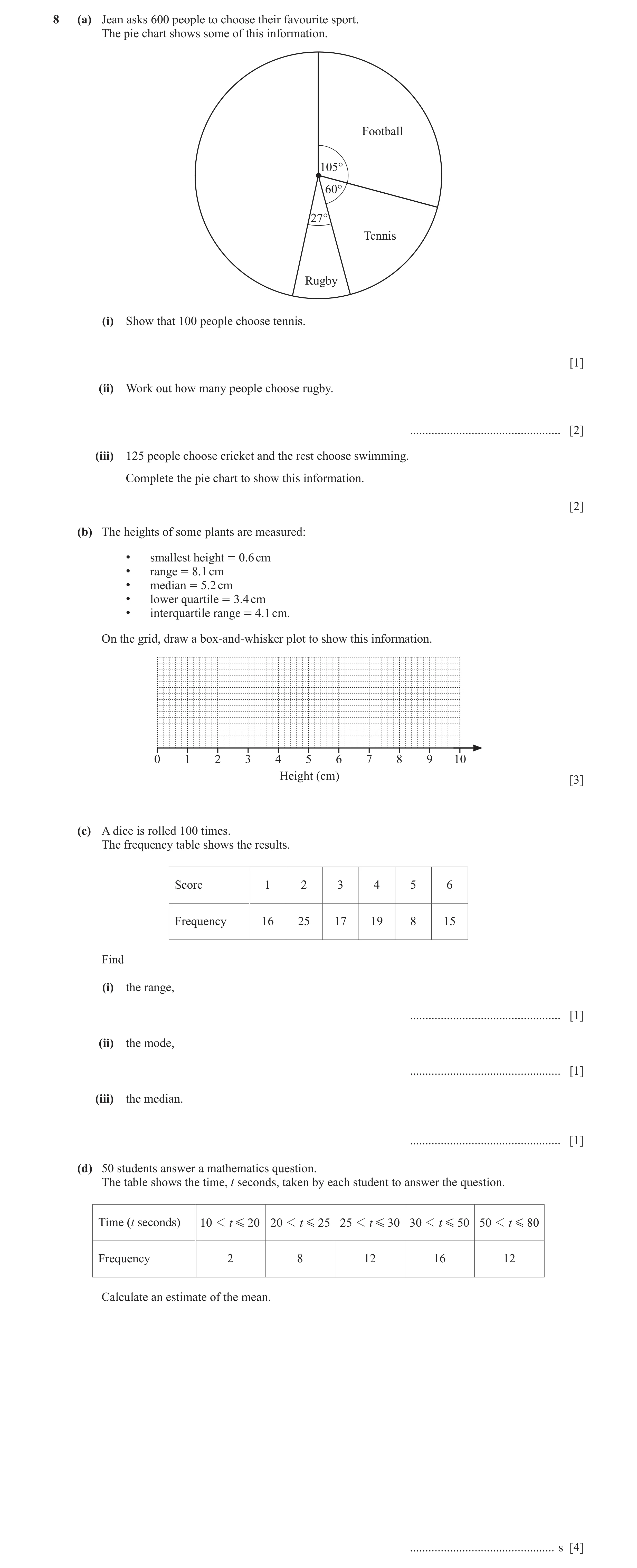 Question 26: (a) Jean asks 600 people to choose their favourite sport. The pie chart shows some of this information. Football 105° 60° 27° Tennis Rugby …