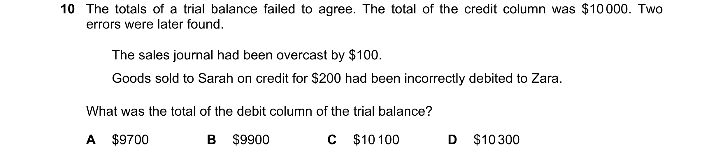 Question 32: The totals of a trial balance failed to agree. The total of the credit column was $10 000. Two errors were later found. The sales journal h…