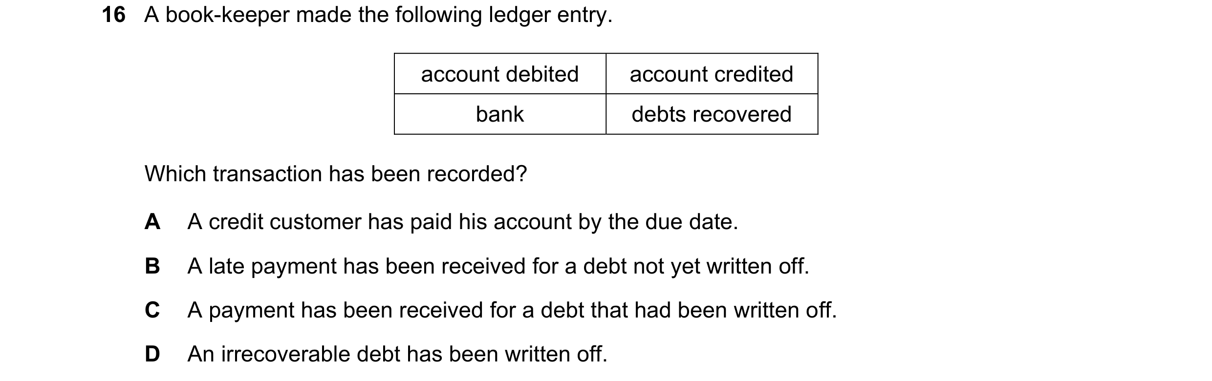 Question 9: A book-keeper made the following ledger entry. account debited account credited bank debts recovered Which transaction has been recorded? A…