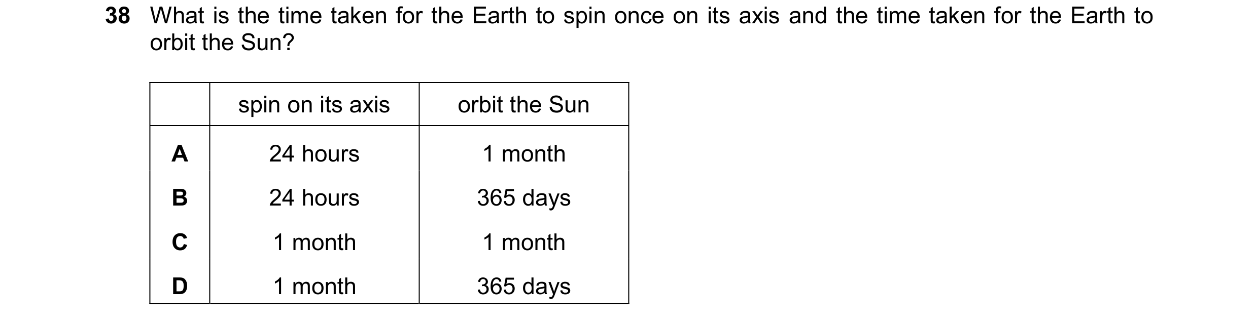 Question 19: What is the time taken for the Earth to spin once on its axis and the time taken for the Earth to orbit the Sun? spin on its axis orbit the…
