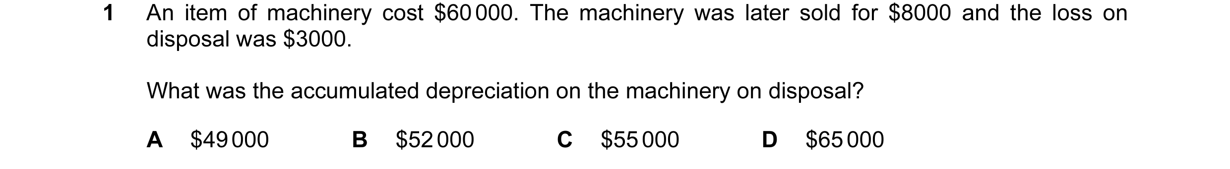 Question 78: An item of machinery cost $60 000. The machinery was later sold for $8000 and the loss on disposal was $3000. What was the accumulated depr…