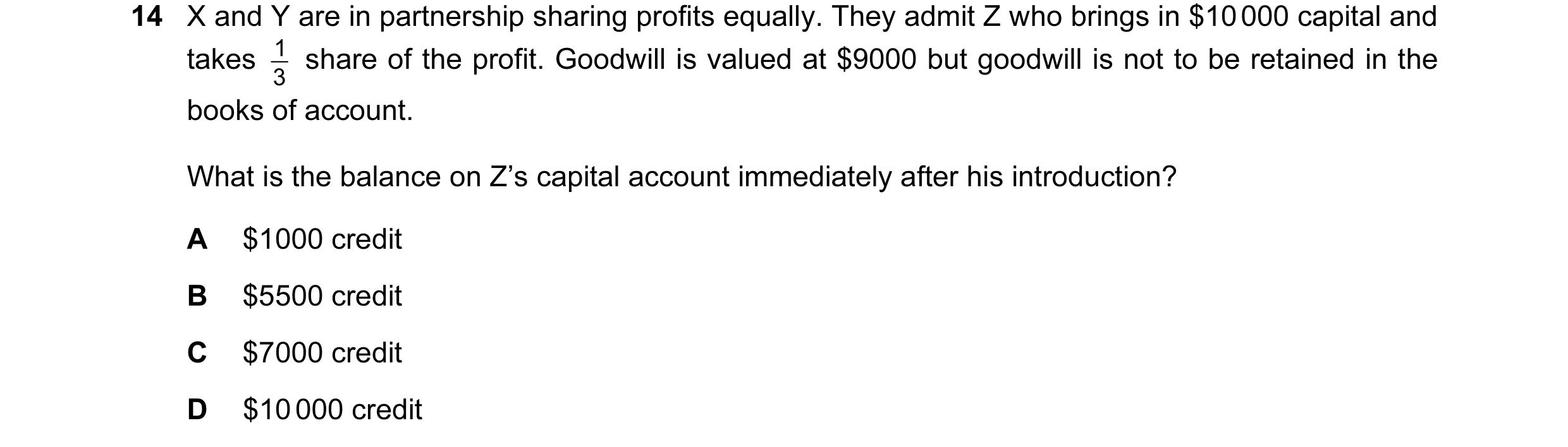 Question 128: X and Y are in partnership sharing profits equally. They admit Z who brings in $10 000 capital and takes 3 1 share of the profit. Goodwill…