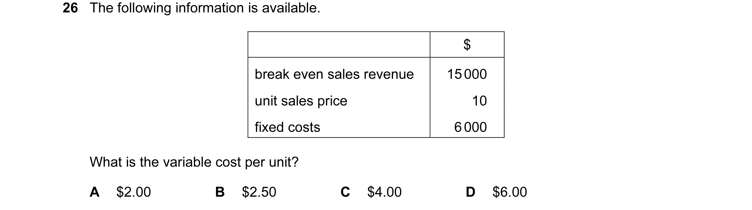Question 123: The following information is available. $ break even sales revenue 15 000 unit sales price 10 fixed costs 6 000 What is the variable cost p…