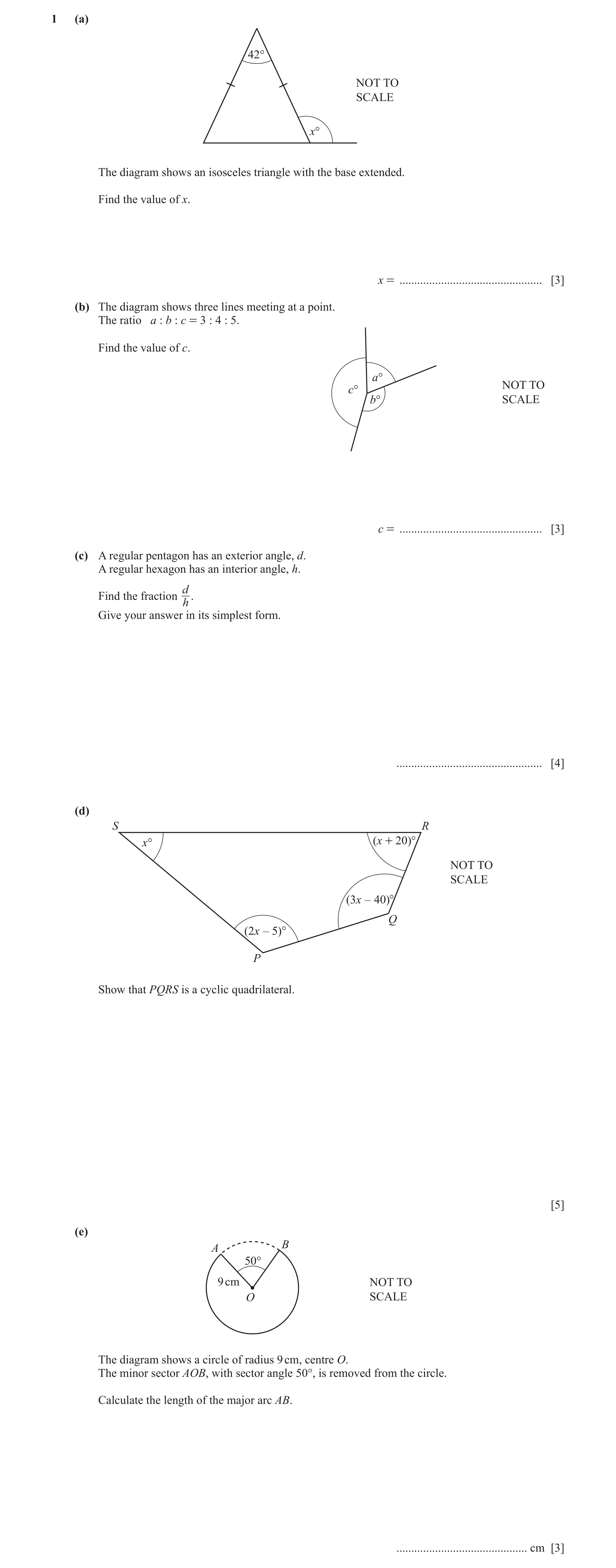 Question 11: (a) 42° NOT TO SCALE x° The diagram shows an isosceles triangle with the base extended. Find the value of x. x = ..........................…