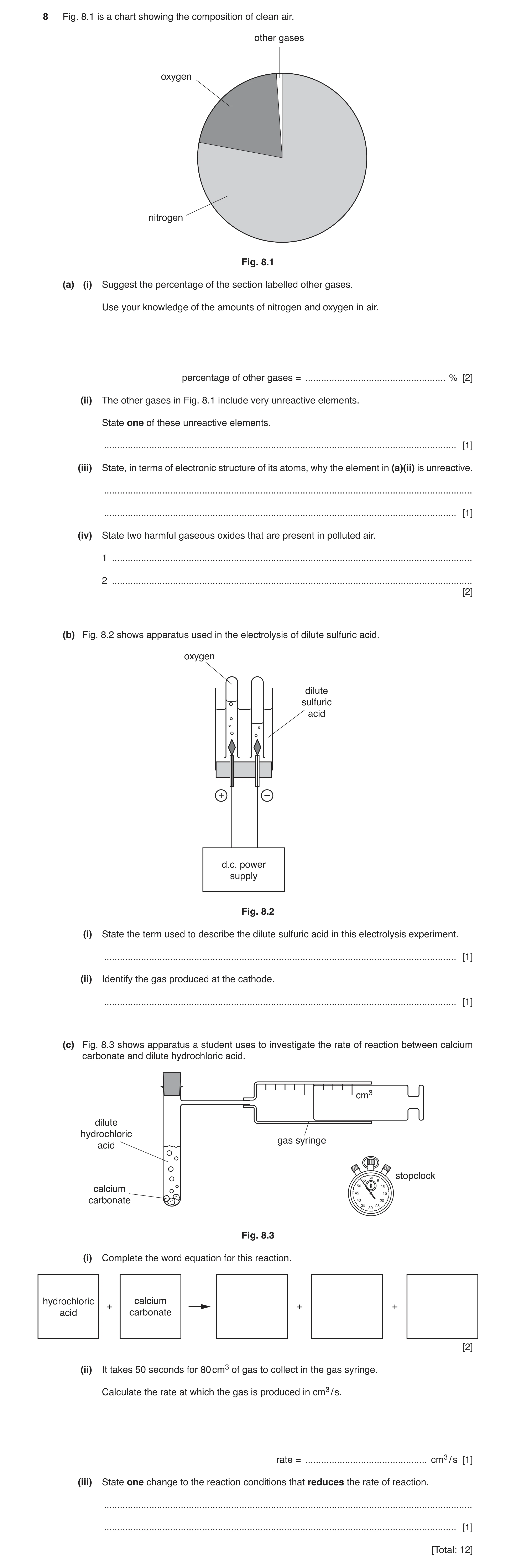 Question 9: Fig. 8.1 is a chart showing the composition of clean air. other gases oxygen nitrogen Fig. 8.1 (a) (i) Suggest the percentage of the sectio…