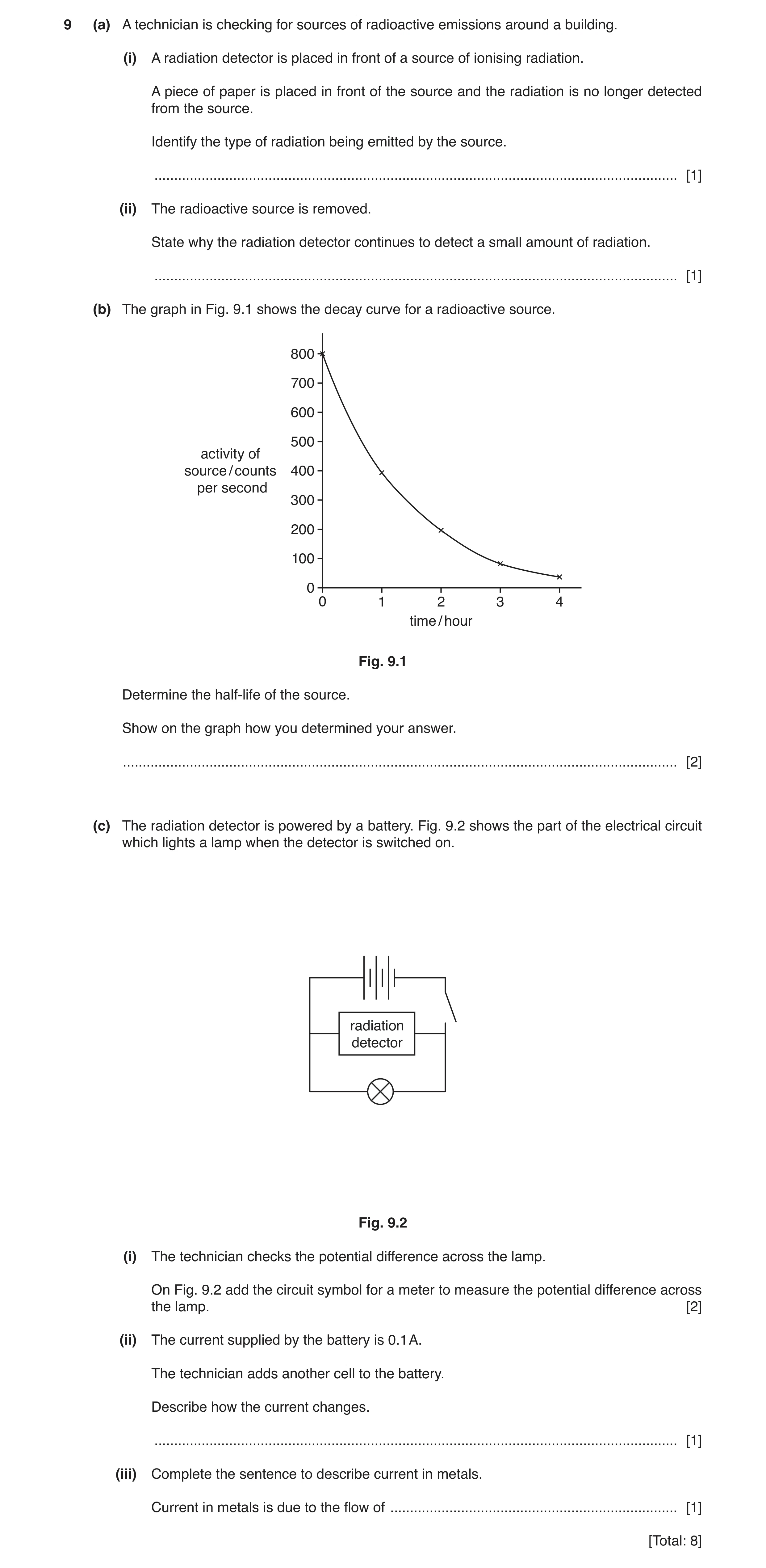 Question 10: (a) A technician is checking for sources of radioactive emissions around a building. (i) A radiation detector is placed in front of a sourc…