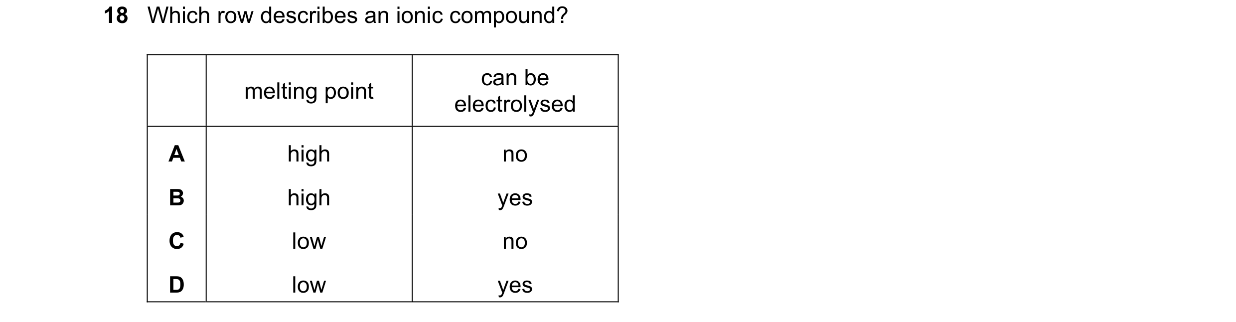 Question 58: Which row describes an ionic compound? can be melting point electrolysed A high no B high yes C low no D low yes