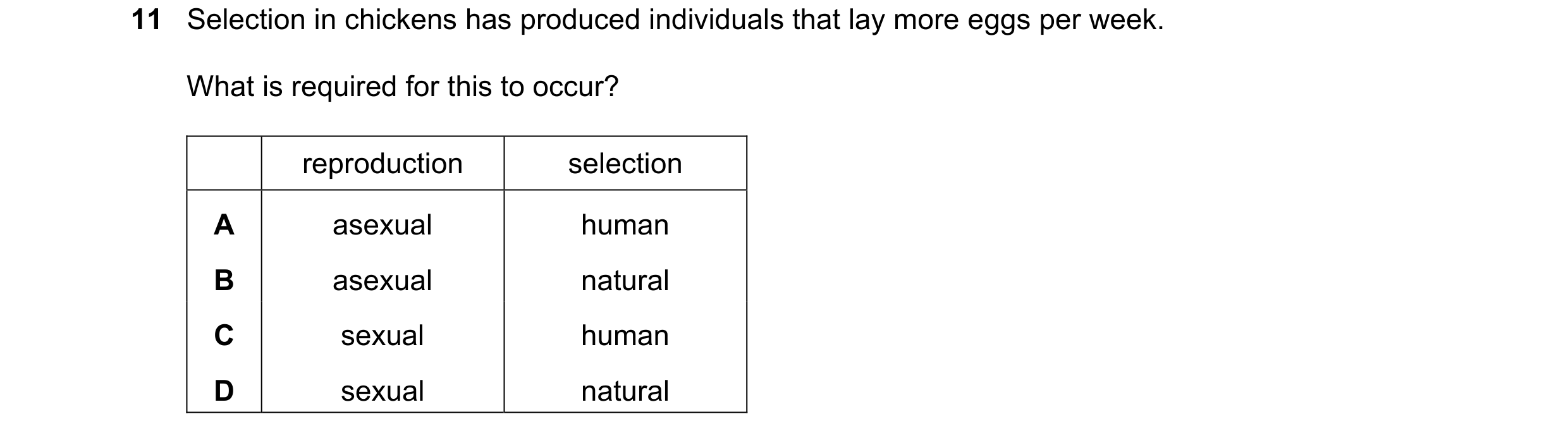 Question 6: Selection in chickens has produced individuals that lay more eggs per week. What is required for this to occur? reproduction selection A as…