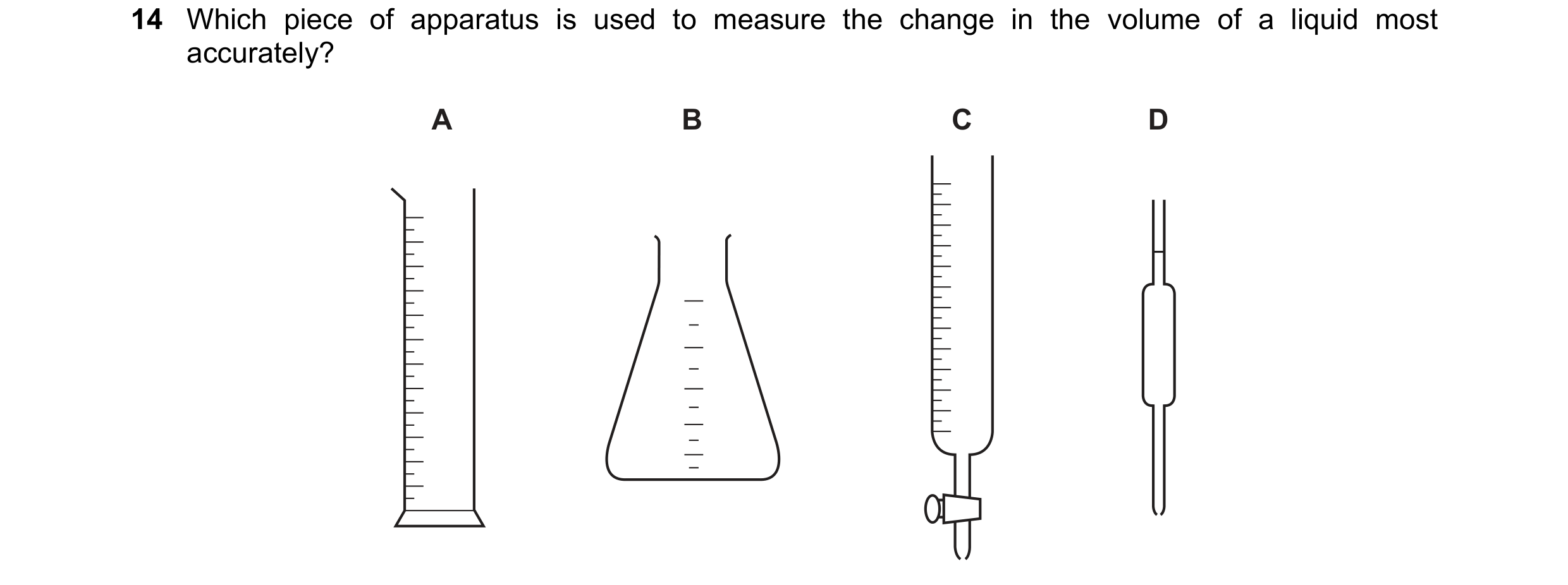Question 9: Which piece of apparatus is used to measure the change in the volume of a liquid most accurately? A B C D