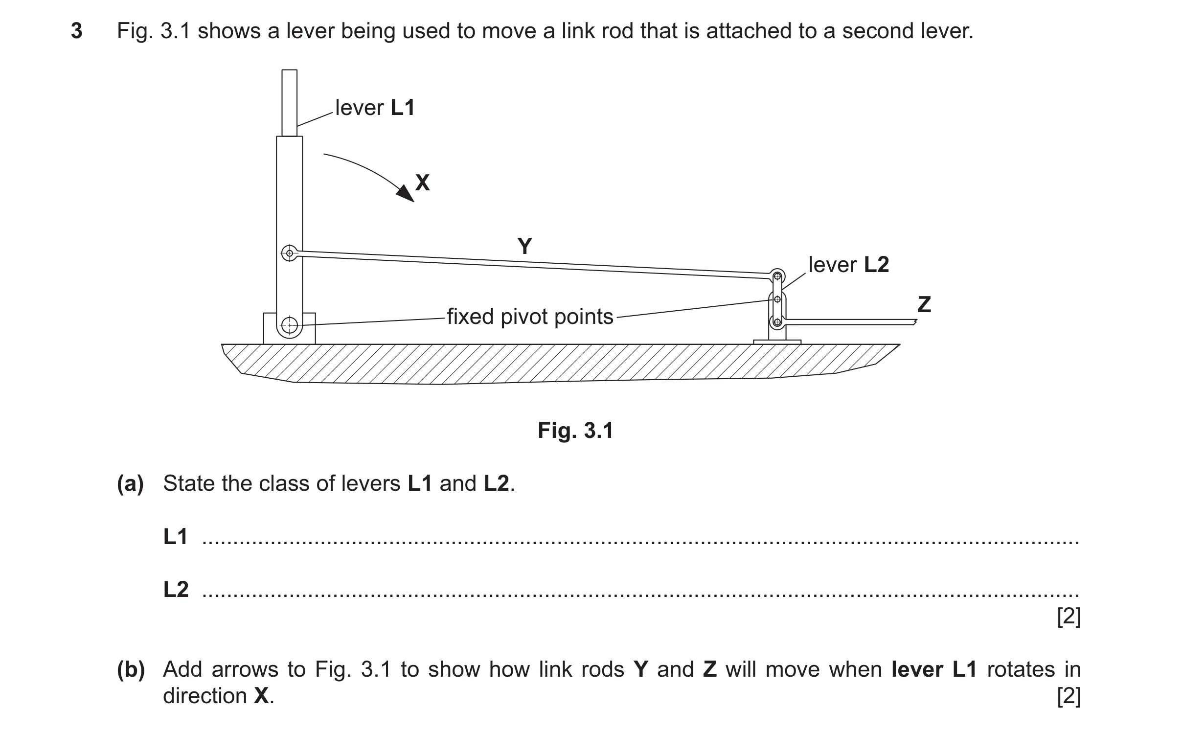 Question 145: Fig. 3.1 shows a lever being used to move a link rod that is attached to a second lever. lever L1 X Y lever L2 Z fixed pivot points Fig. 3.…