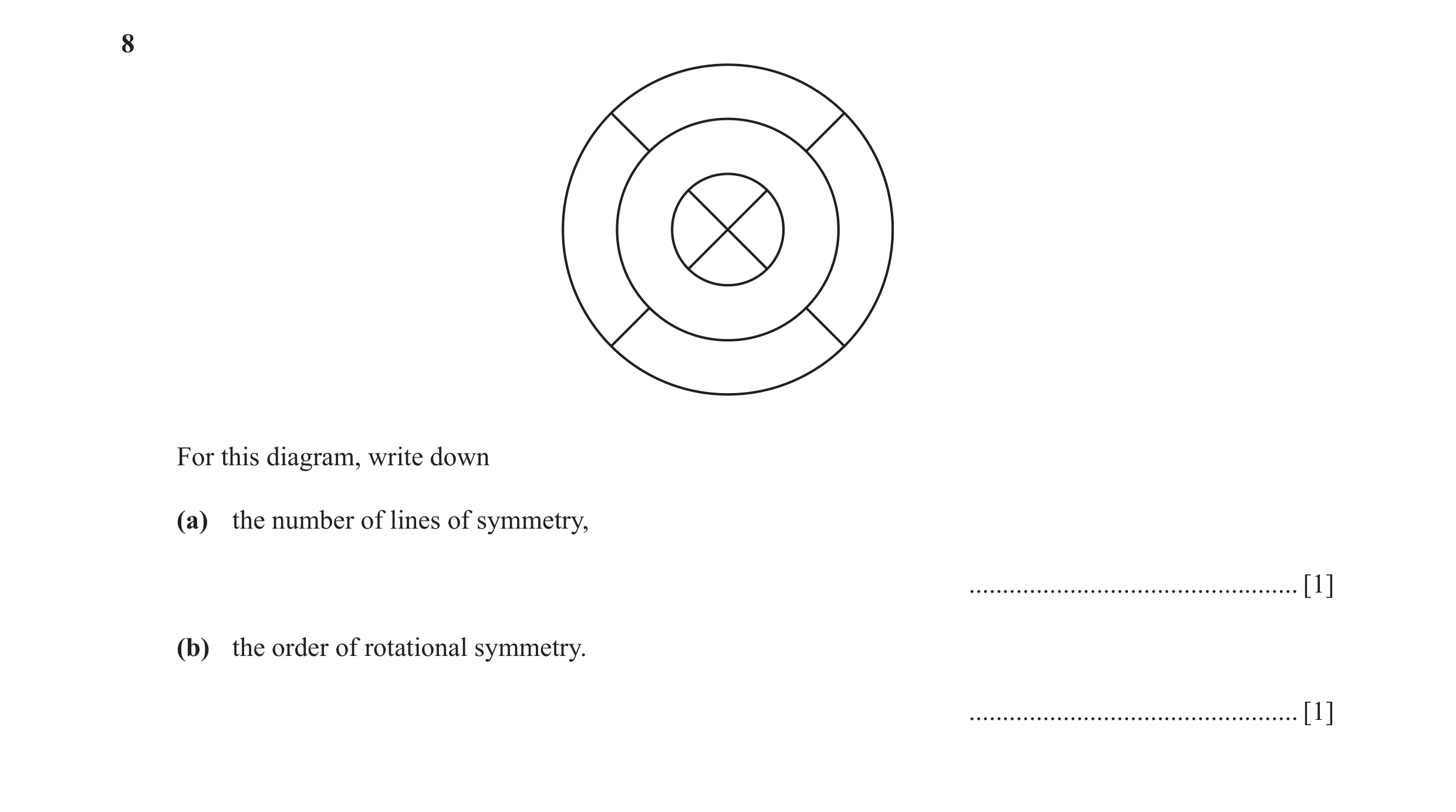 Question 33: For this diagram, write down (a) the number of lines of symmetry, ................................................. [1] (b) the order of ro…