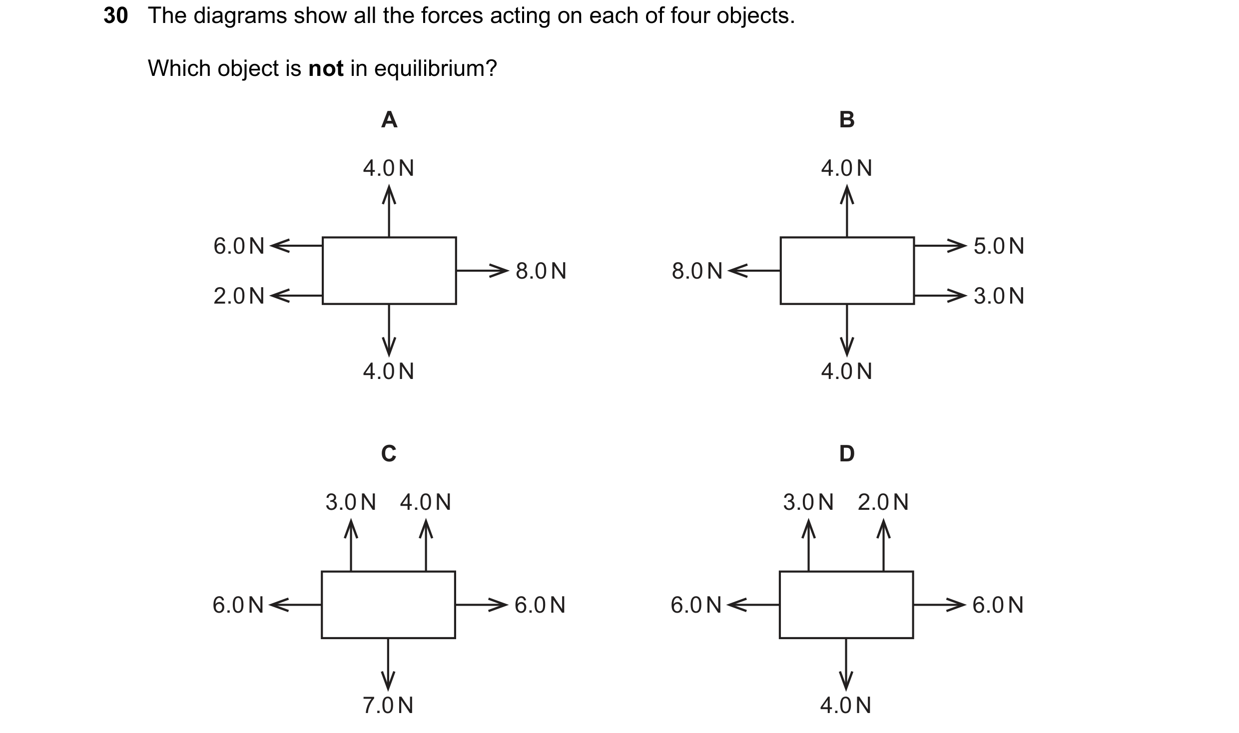 Question 9: The diagrams show all the forces acting on each of four objects. Which object is not in equilibrium? A B 4.0 N 4.0 N 6.0 N 5.0 N 8.0 N 8.0 …