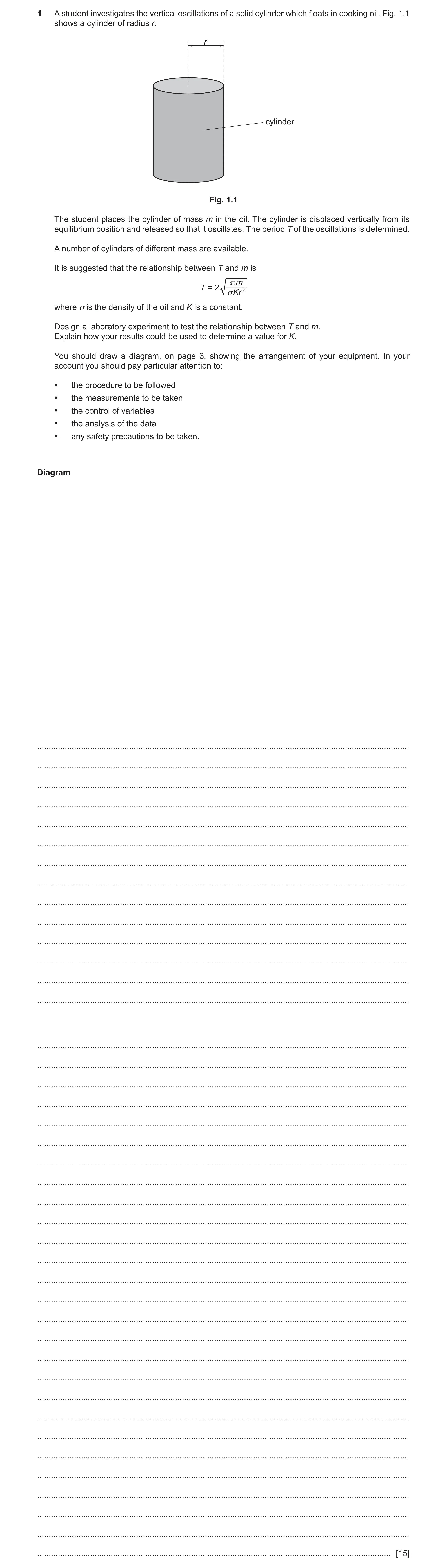 Question 10: A student investigates the vertical oscillations of a solid cylinder which floats in cooking oil. Fig. 1.1 shows a cylinder of radius r. r …