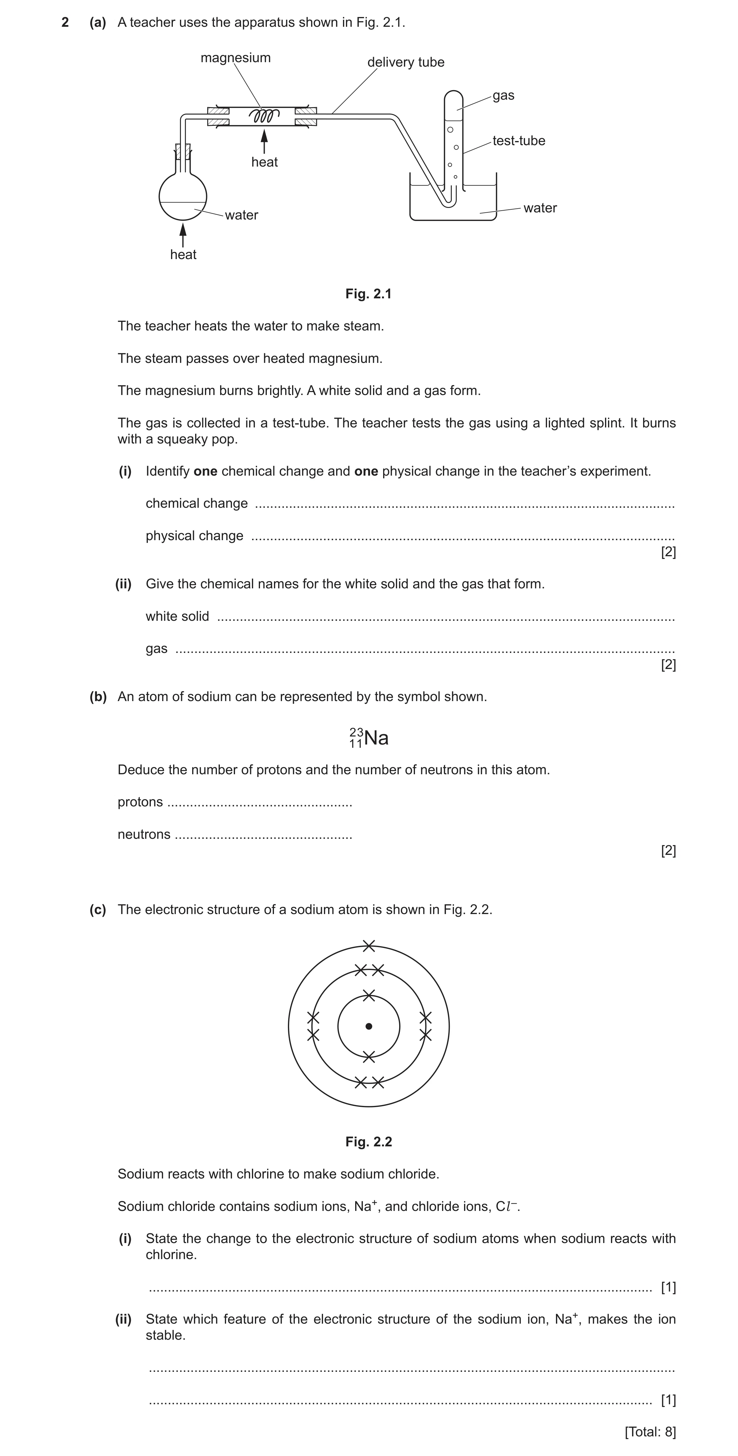 Question 13: (a) A teacher uses the apparatus shown in Fig. 2.1. magnesium delivery tube gas test-tube heat water water heat Fig. 2.1 The teacher heats …
