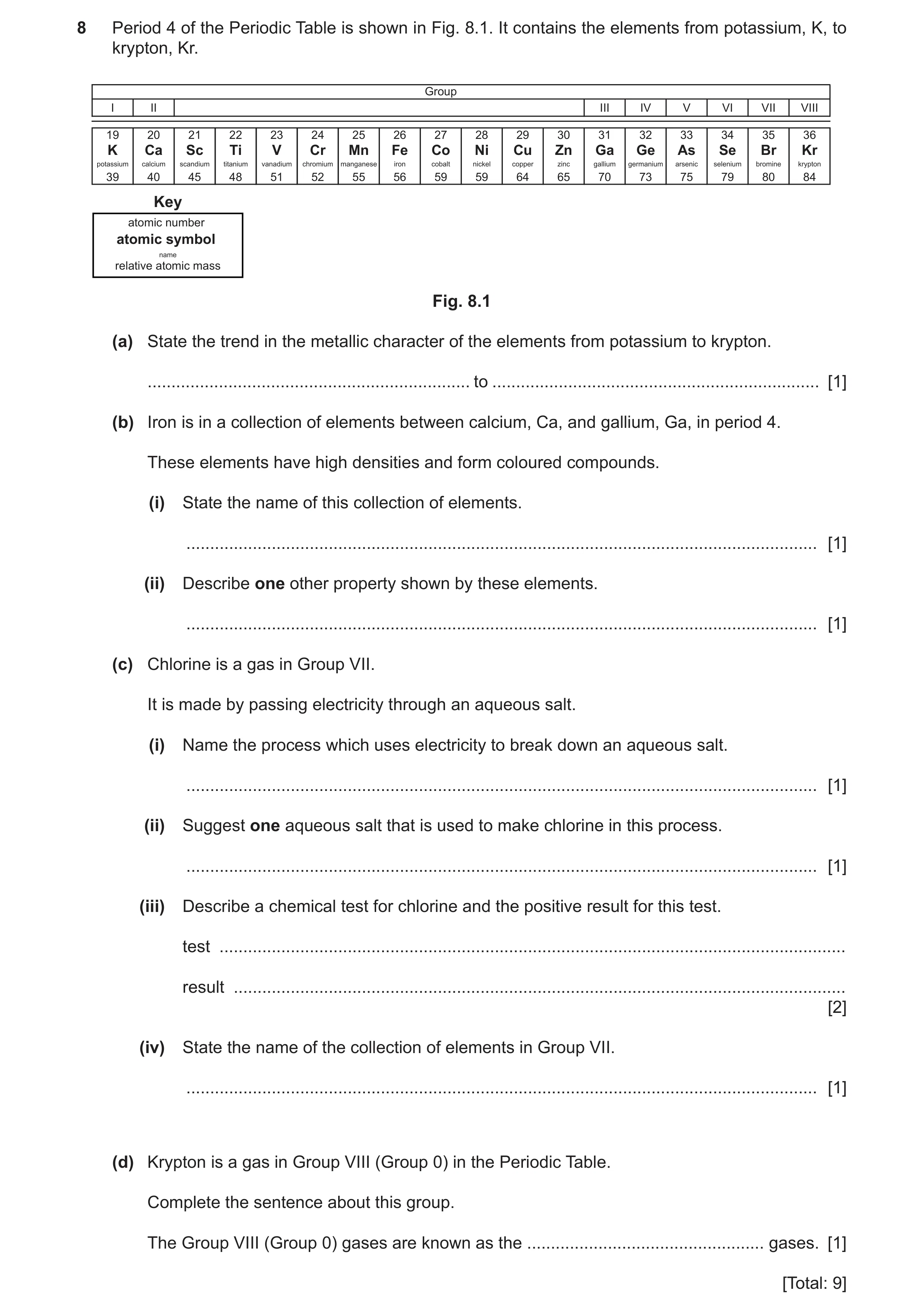 Question 10: Period 4 of the Periodic Table is shown in Fig. 8.1. It contains the elements from potassium, K, to krypton, Kr. Group I II III IV V VI VII…