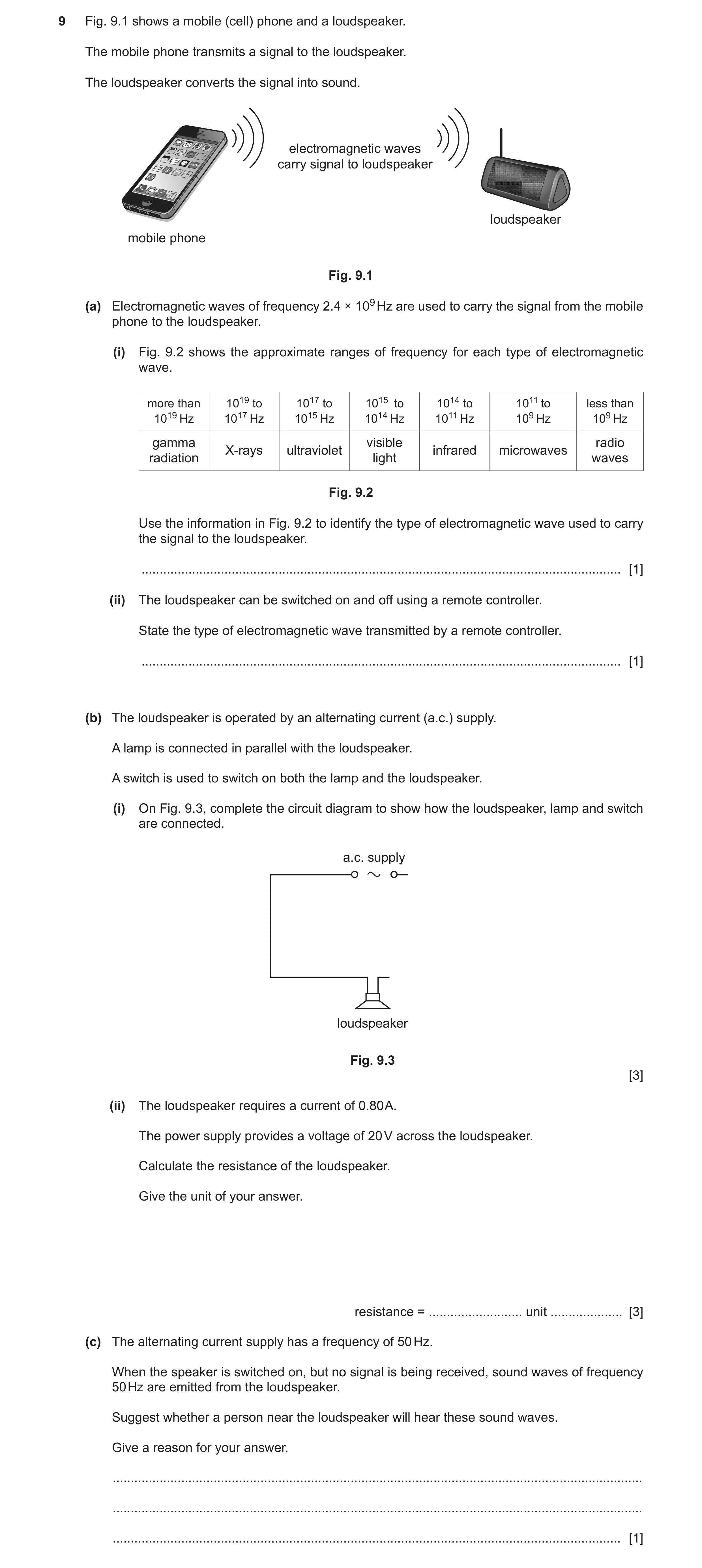 Question 22: Fig. 9.1 shows a mobile (cell) phone and a loudspeaker. The mobile phone transmits a signal to the loudspeaker. The loudspeaker converts th…