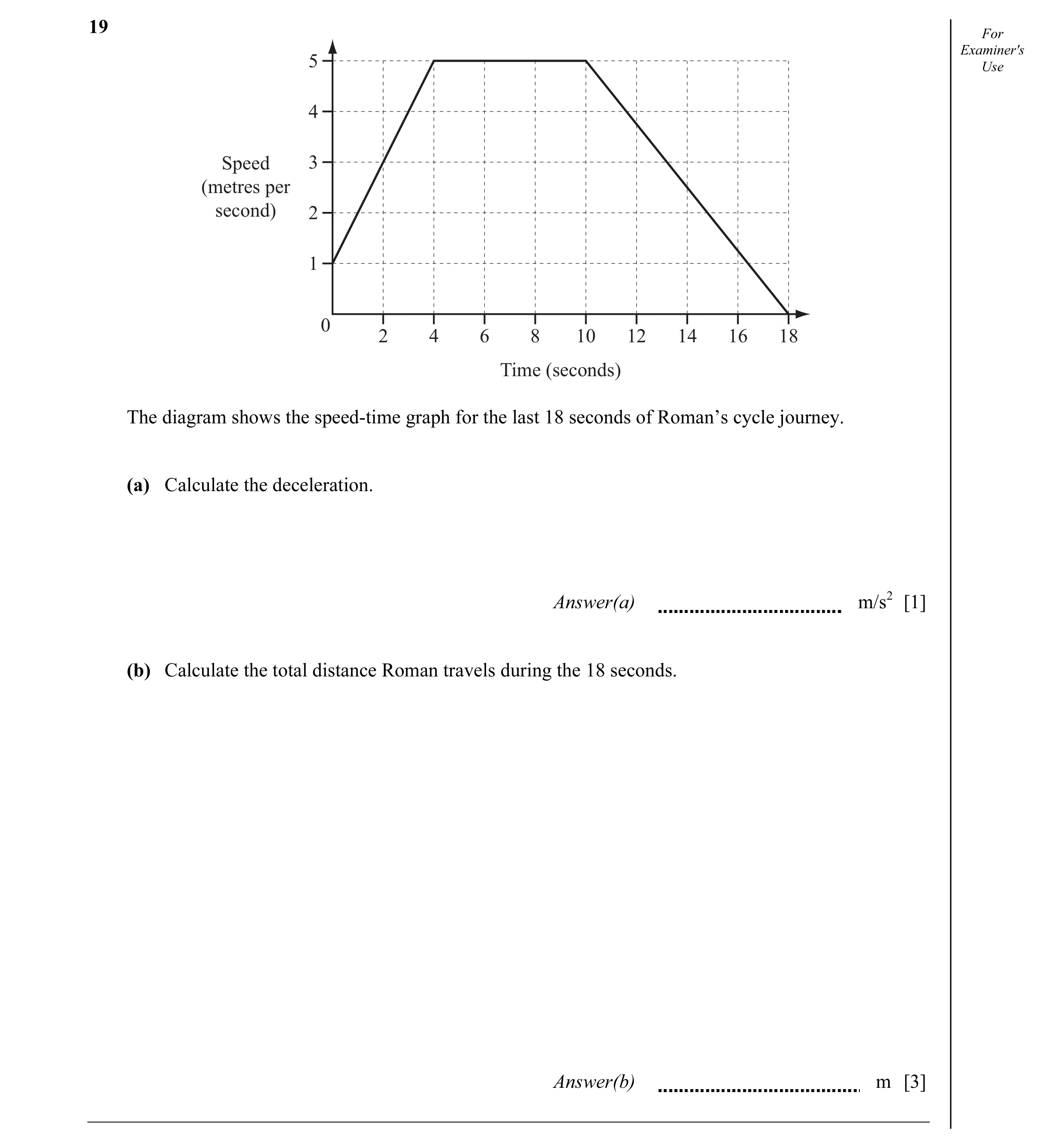 Question 20: For Examiner's 5 Use 4 Speed 3 (metres per second) 2 1 0 2 4 6 8 10 12 14 16 18 Time (seconds) The diagram shows the speed-time graph for t…